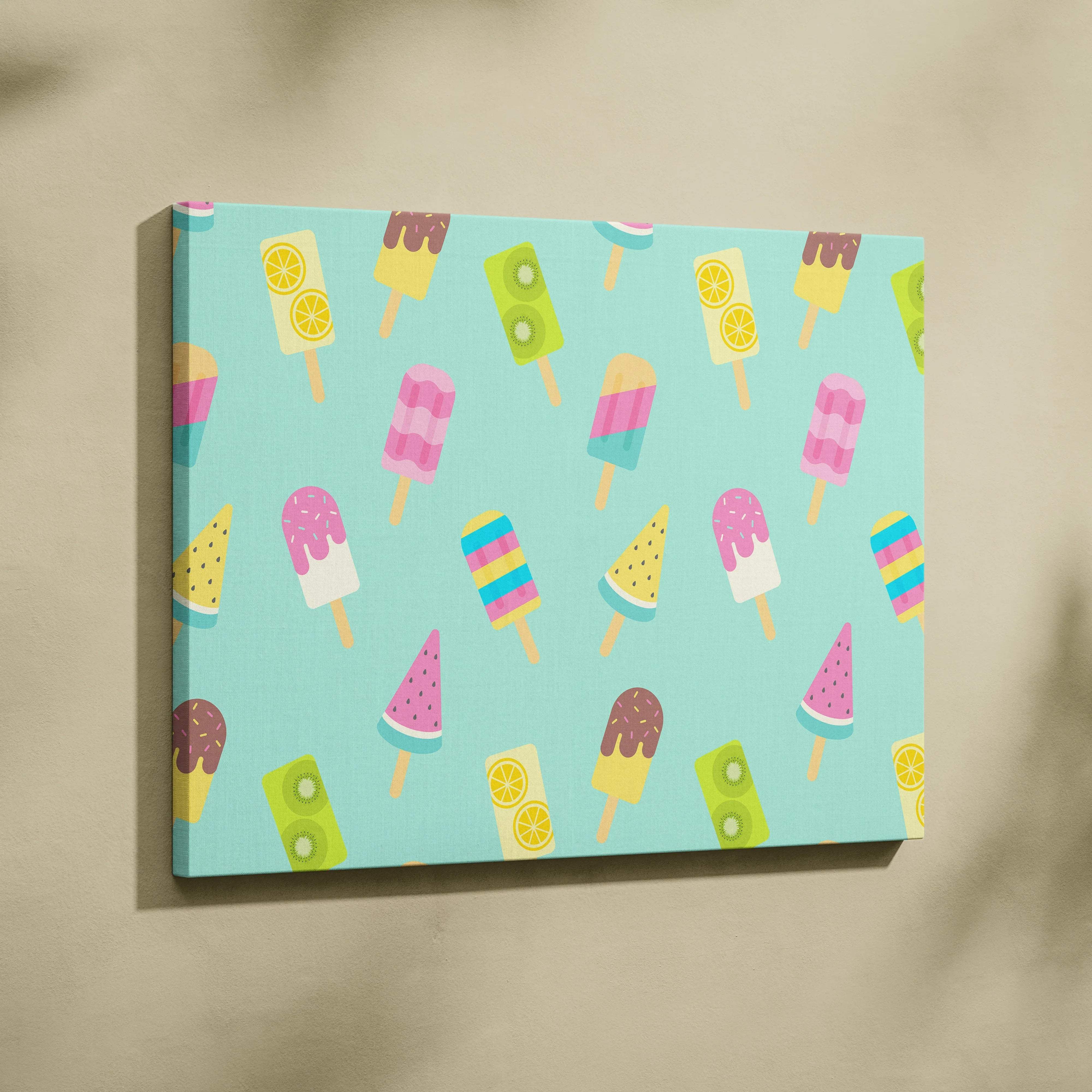 Vibrant turquoise canvas print of pastel mint green popsicle pattern with watermelon treats