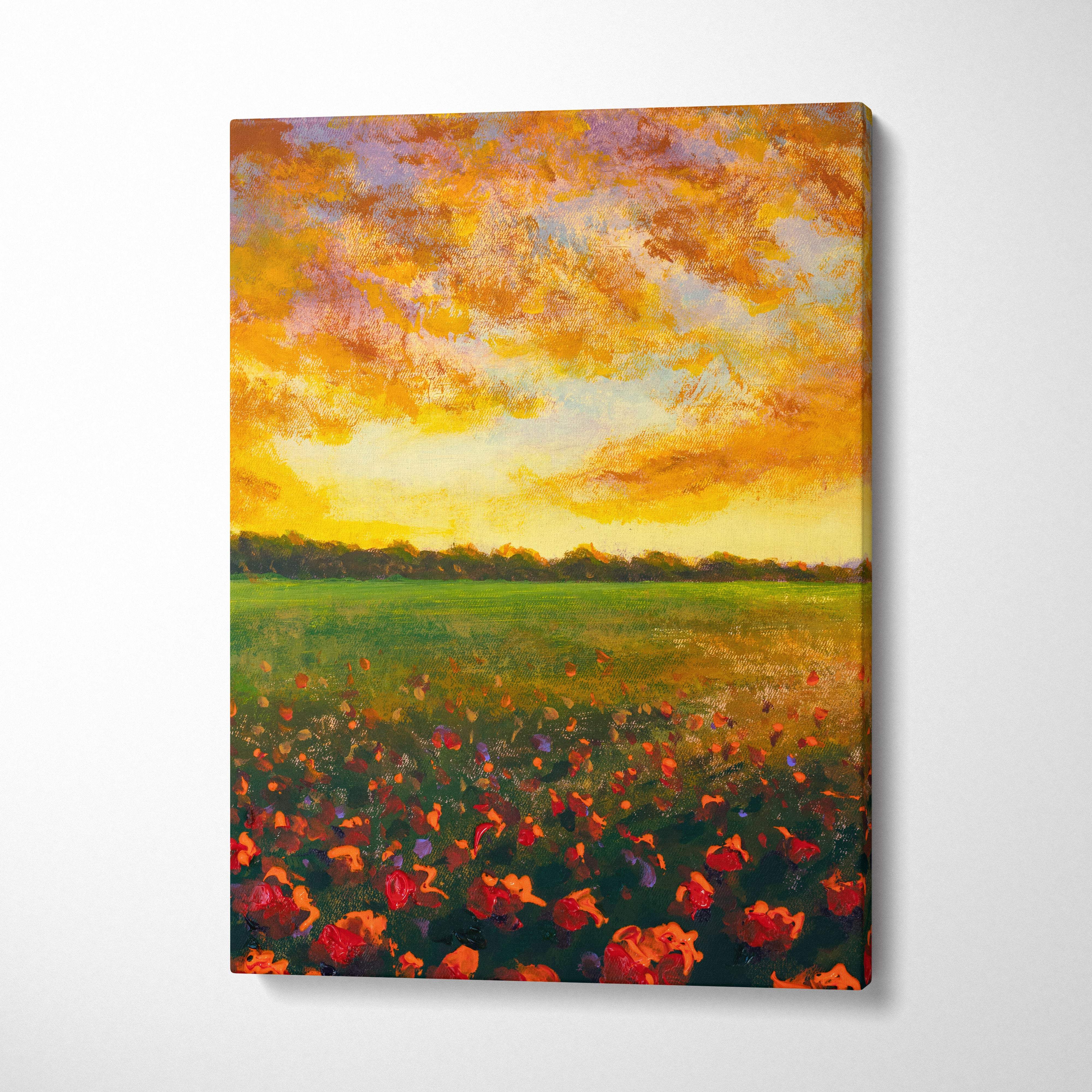 Vibrant golden sunset field canvas print featuring red poppies under an orange and purple sky in oil painting style