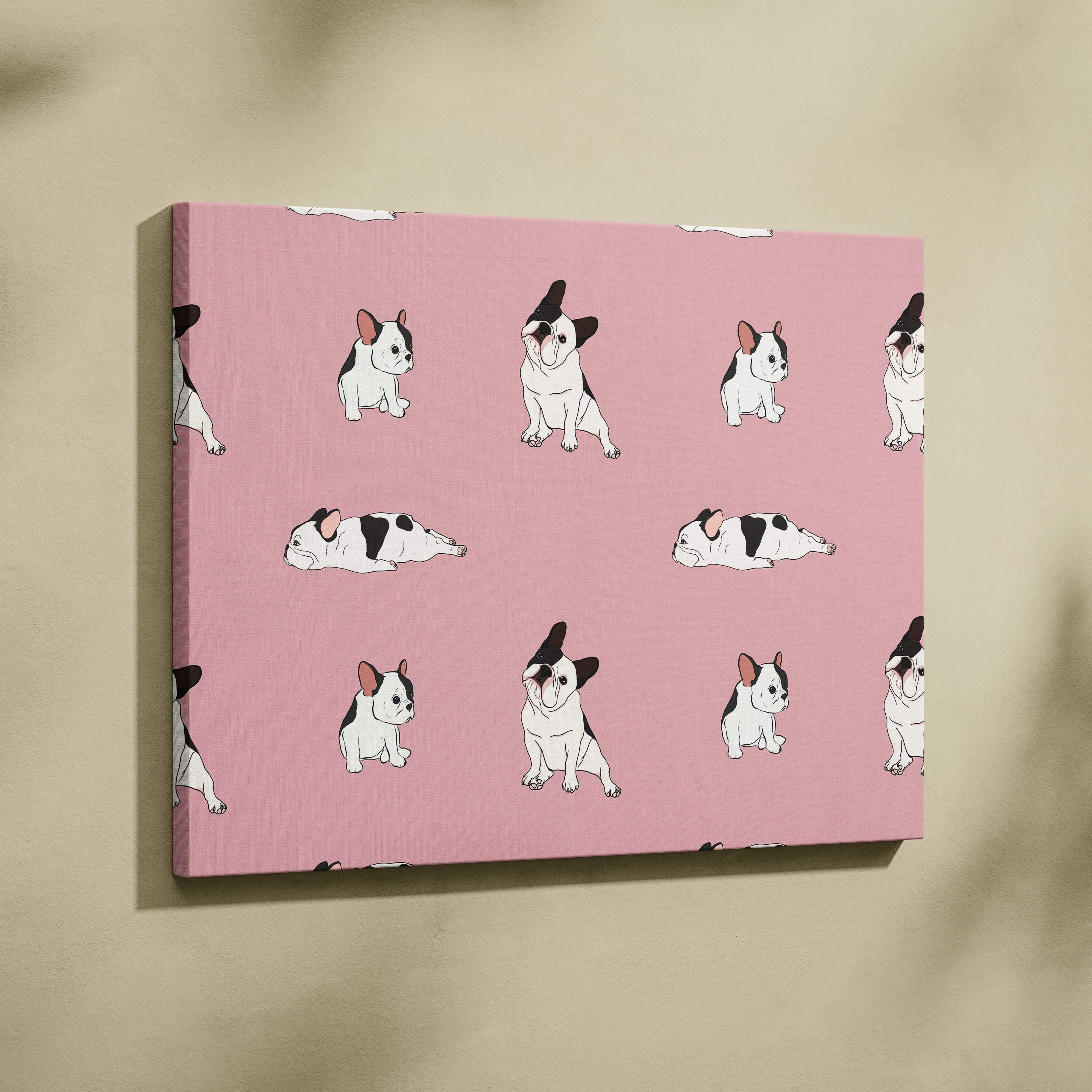 Dusty pink canvas with black and white cartoon French bulldog pattern