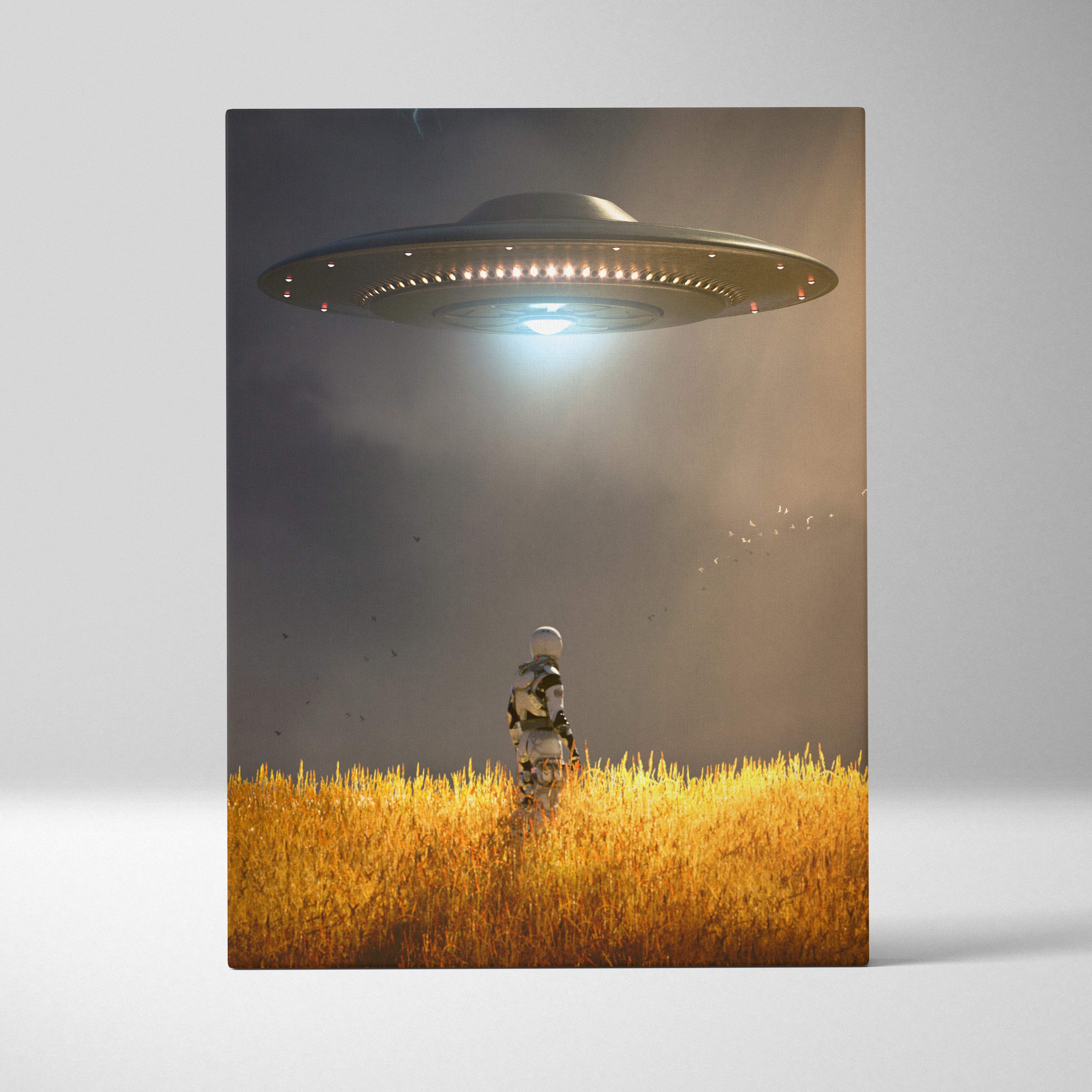 Ufo abduction scene canvas art featuring a sleek metallic gray spaceship with glowing lights over golden wheat fields