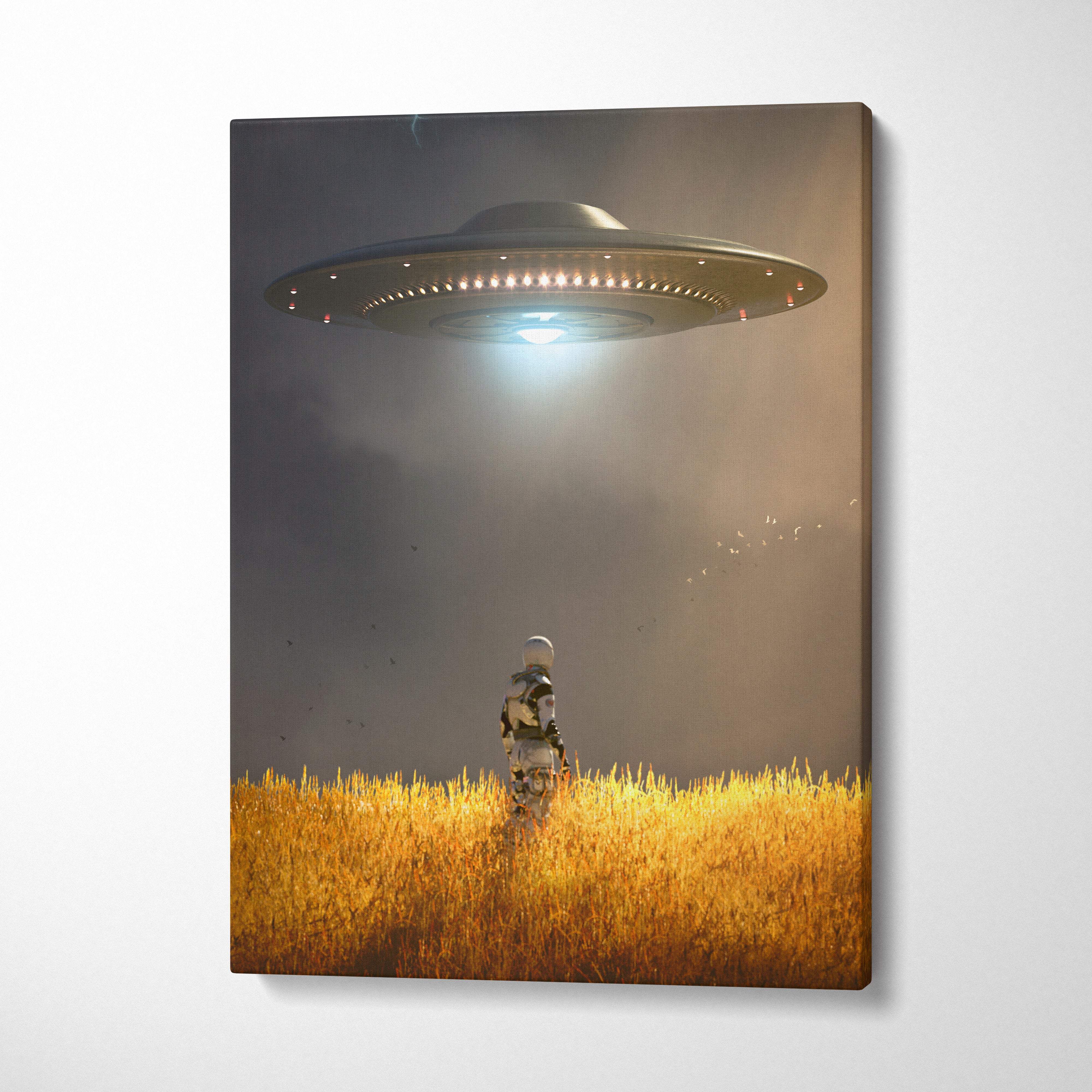 Ufo abduction scene canvas art with a sleek metallic gray spaceship and glowing red lights over golden wheat fields
