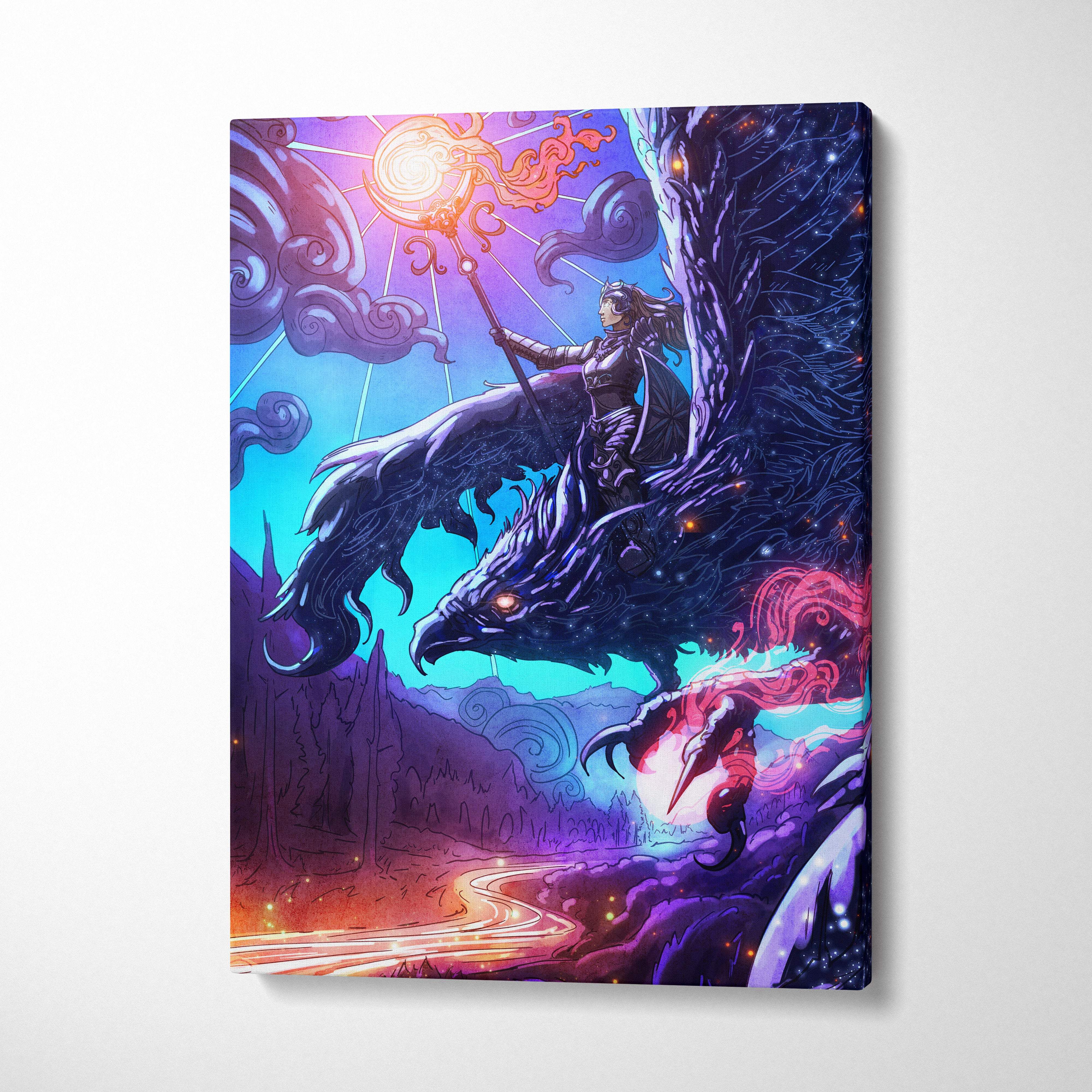 Vibrant celestial griffin rider canvas art featuring a warrior on a dark feathered creature with neon purple blue cosmic sky