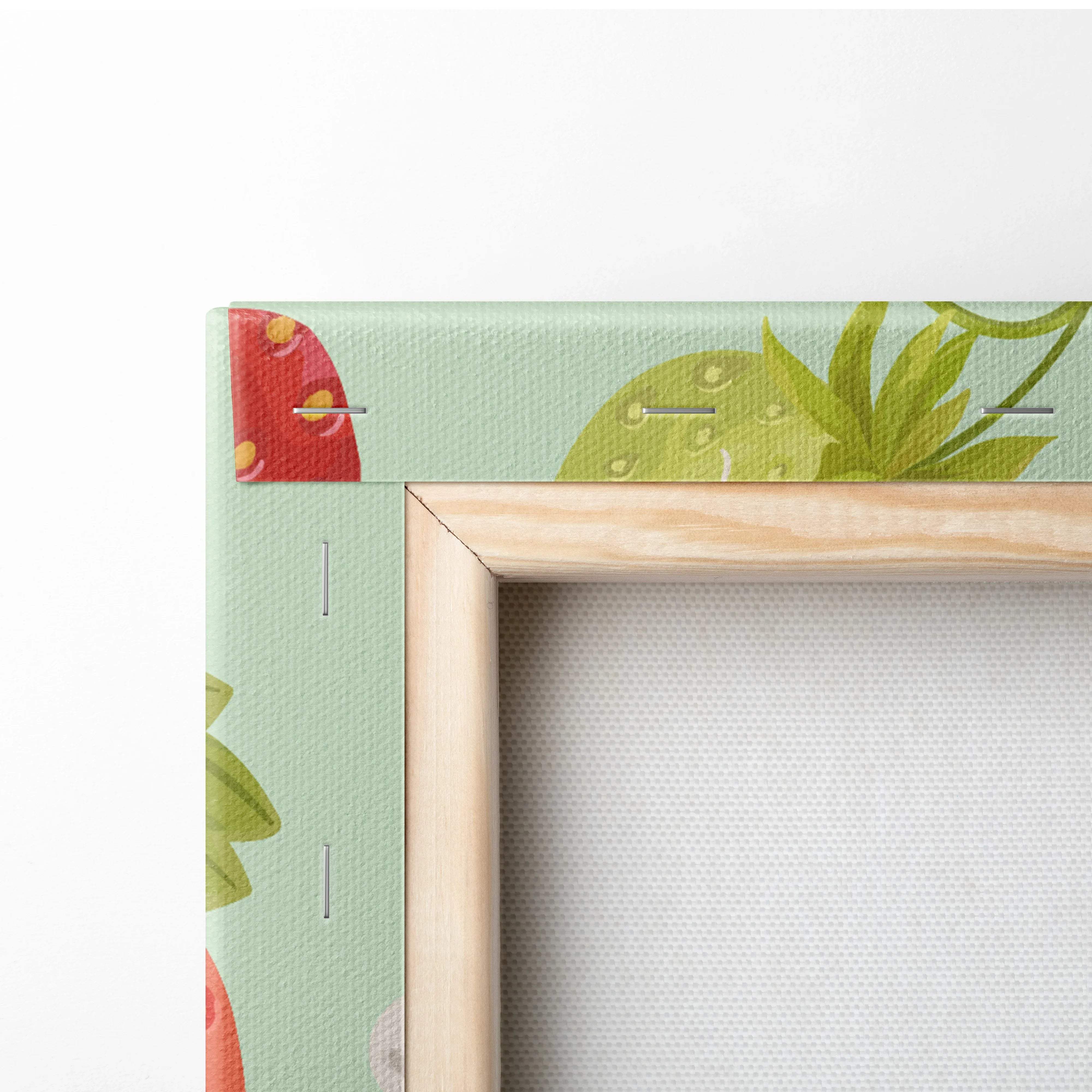 Light green canvas strawberry floral wall art with ripe berries blossoms wood frame