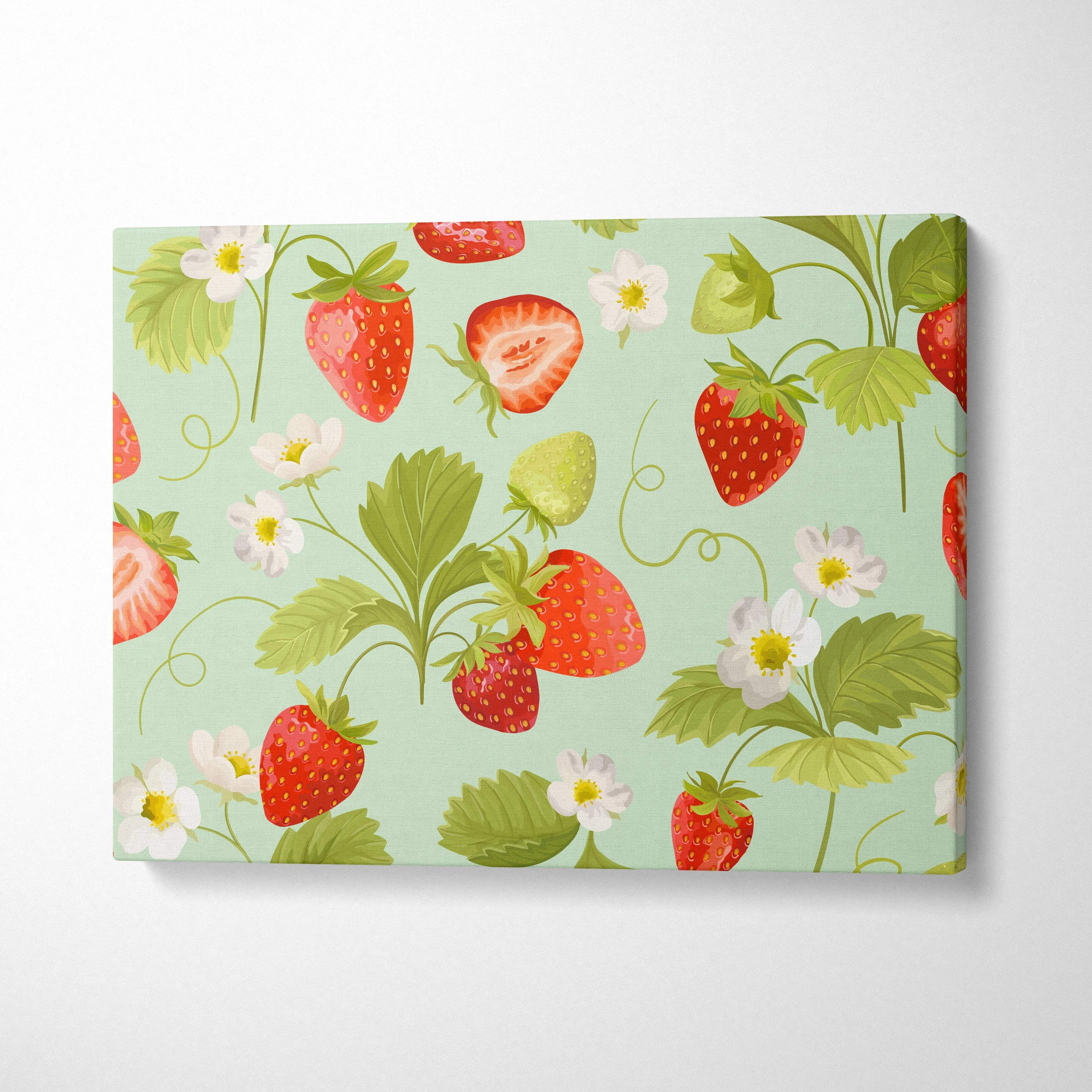 Strawberry floral pattern canvas wall art with ripe red berries, green leaves, white blossoms on mint background