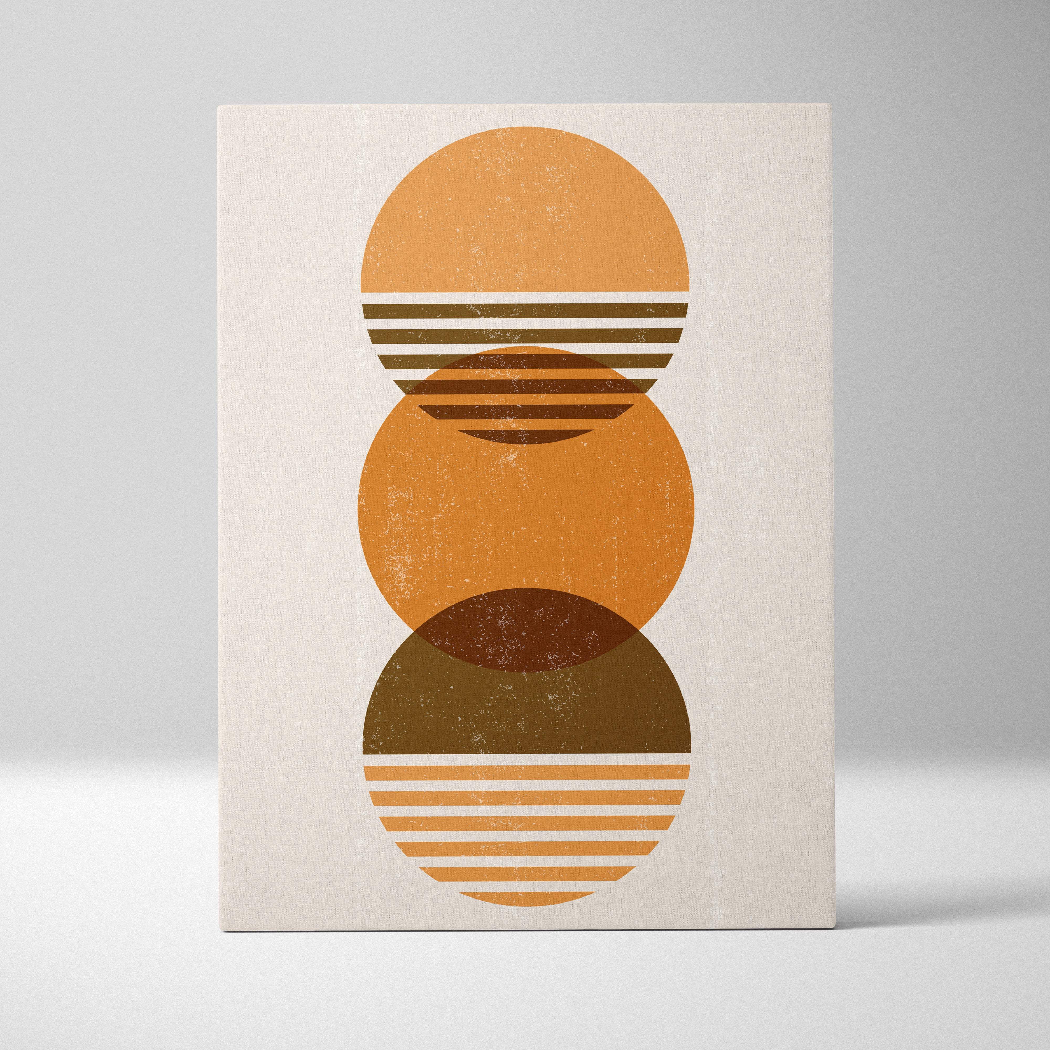 Minimalist abstract canvas print with three overlapping terracotta and ochre circles featuring horizontal stripes