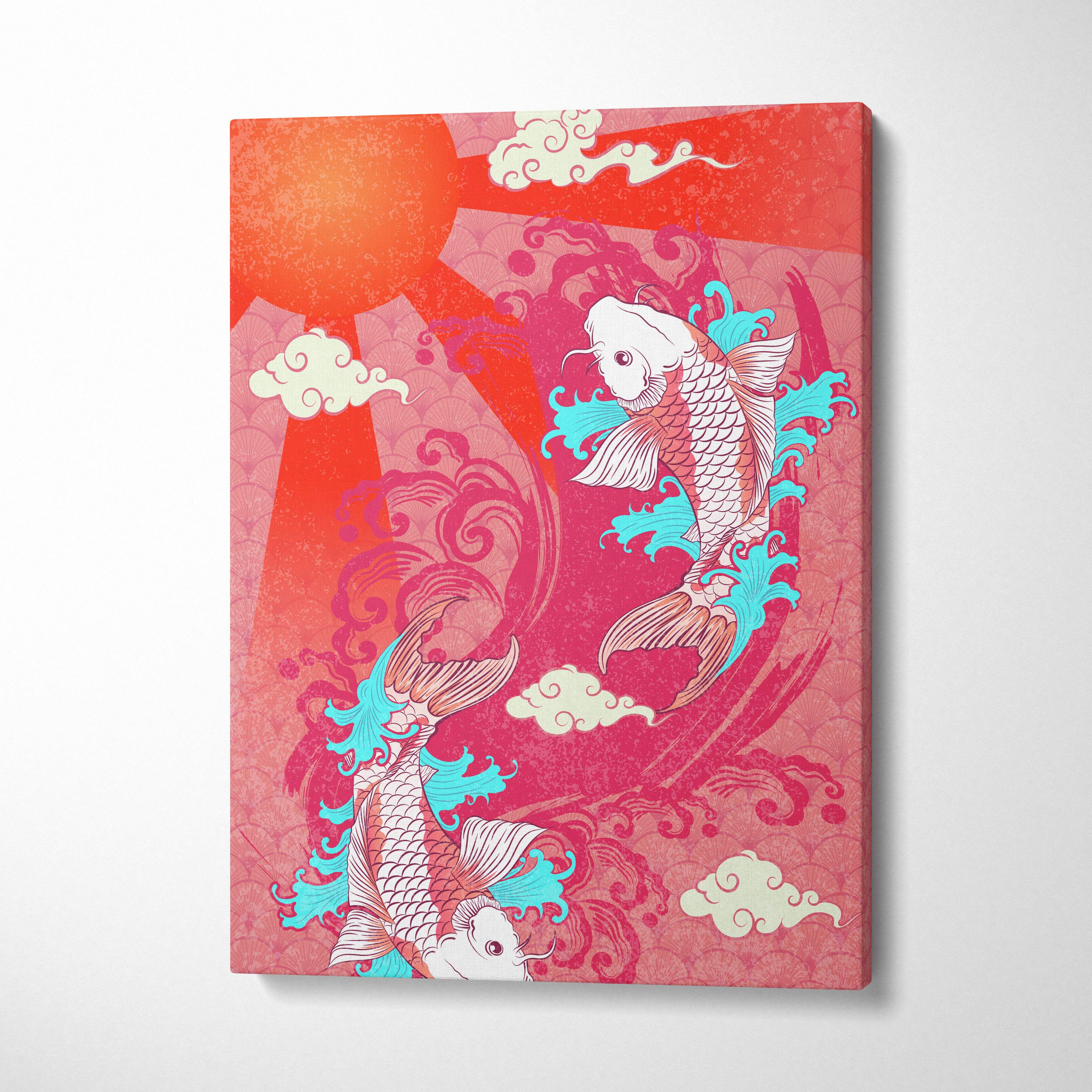 Pink koi fish canvas wall art with vibrant red sun turquoise waves in Japanese tattoo style for bathroom decor