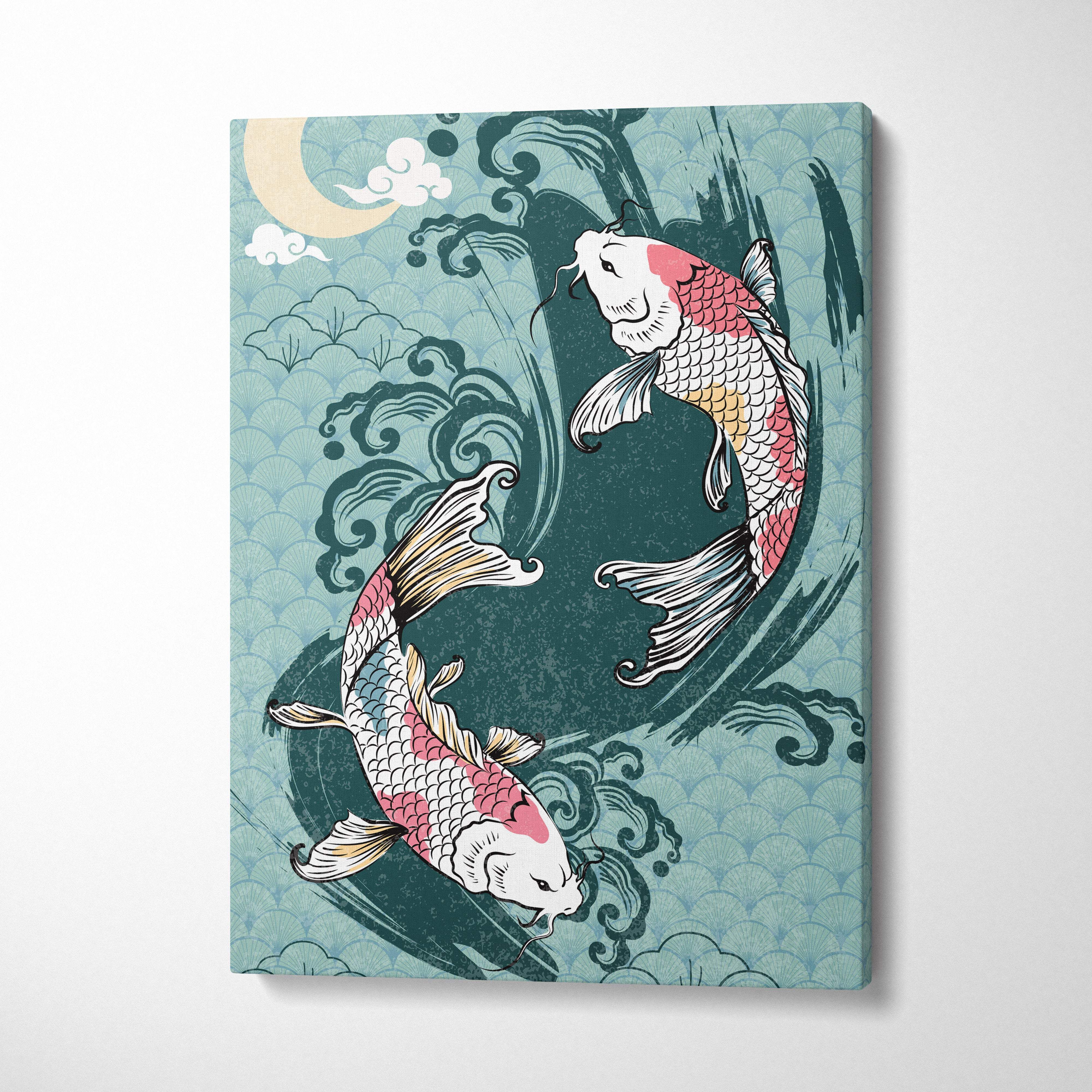 Teal and white canvas print of two detailed koi fish in stylized waves for bathroom or living room wall art