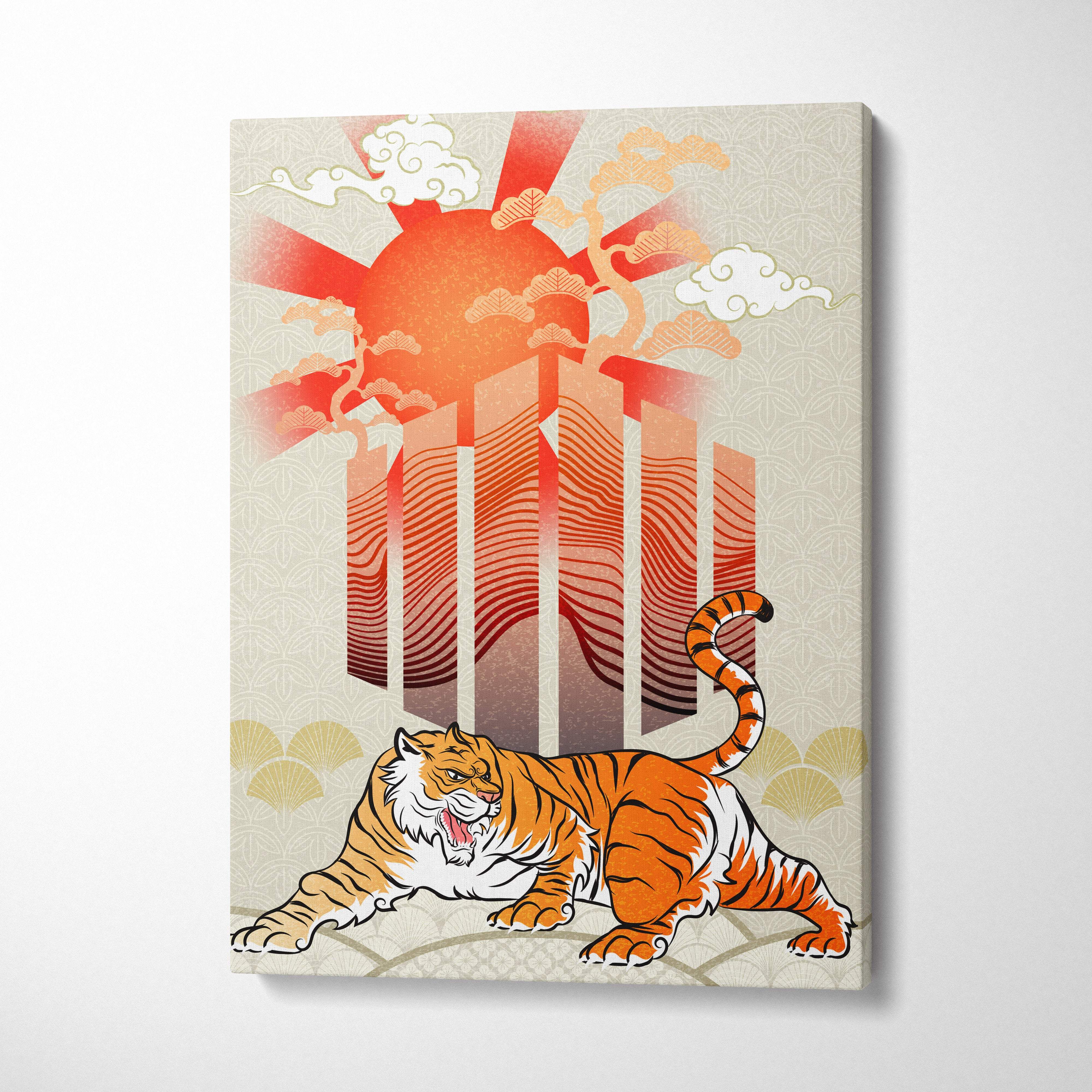 Orange and white tiger illustration on beige canvas with red sun and wave patterns japanese tattoo style wall art