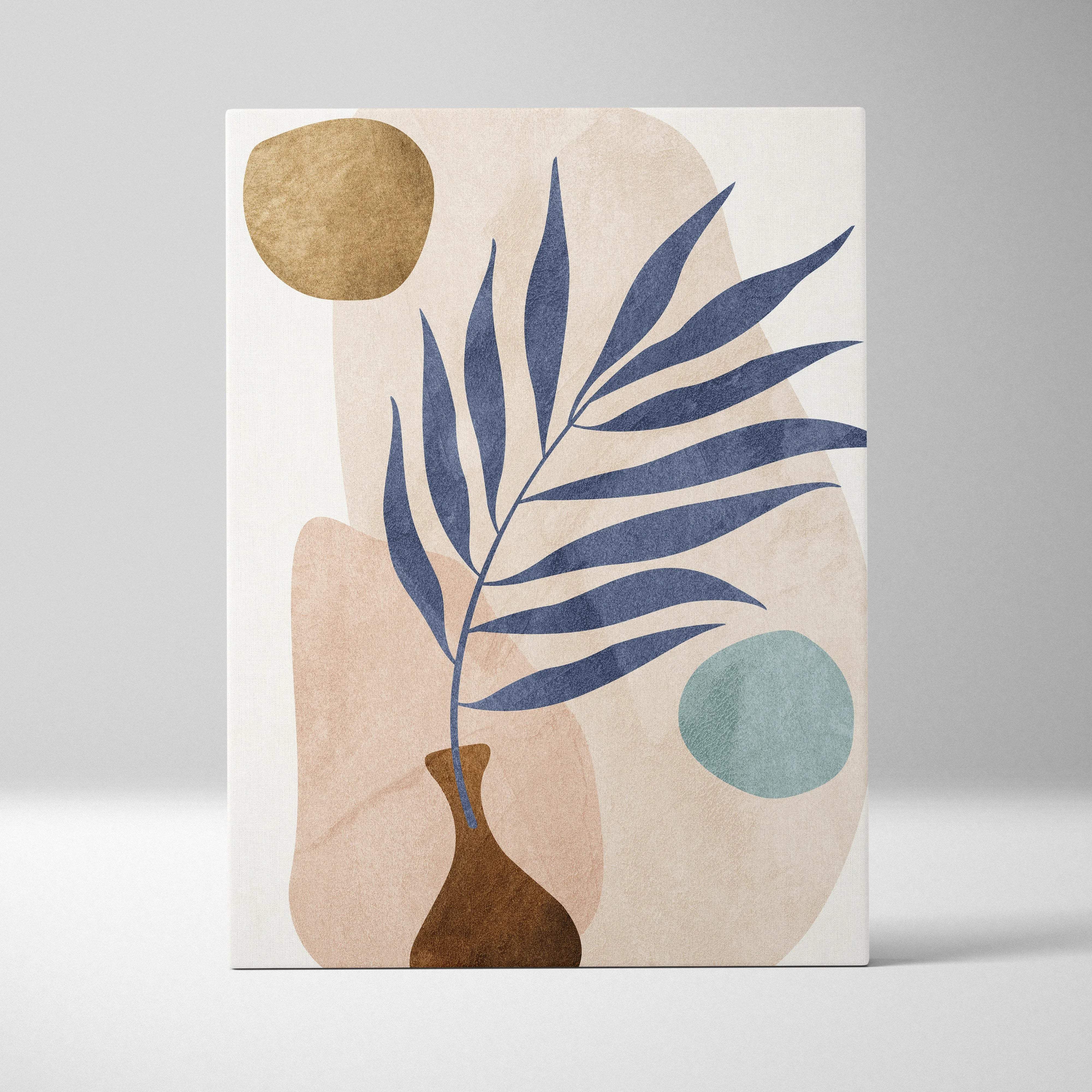 Minimalist abstract botanical canvas with navy leaves in brown vase on beige tones
