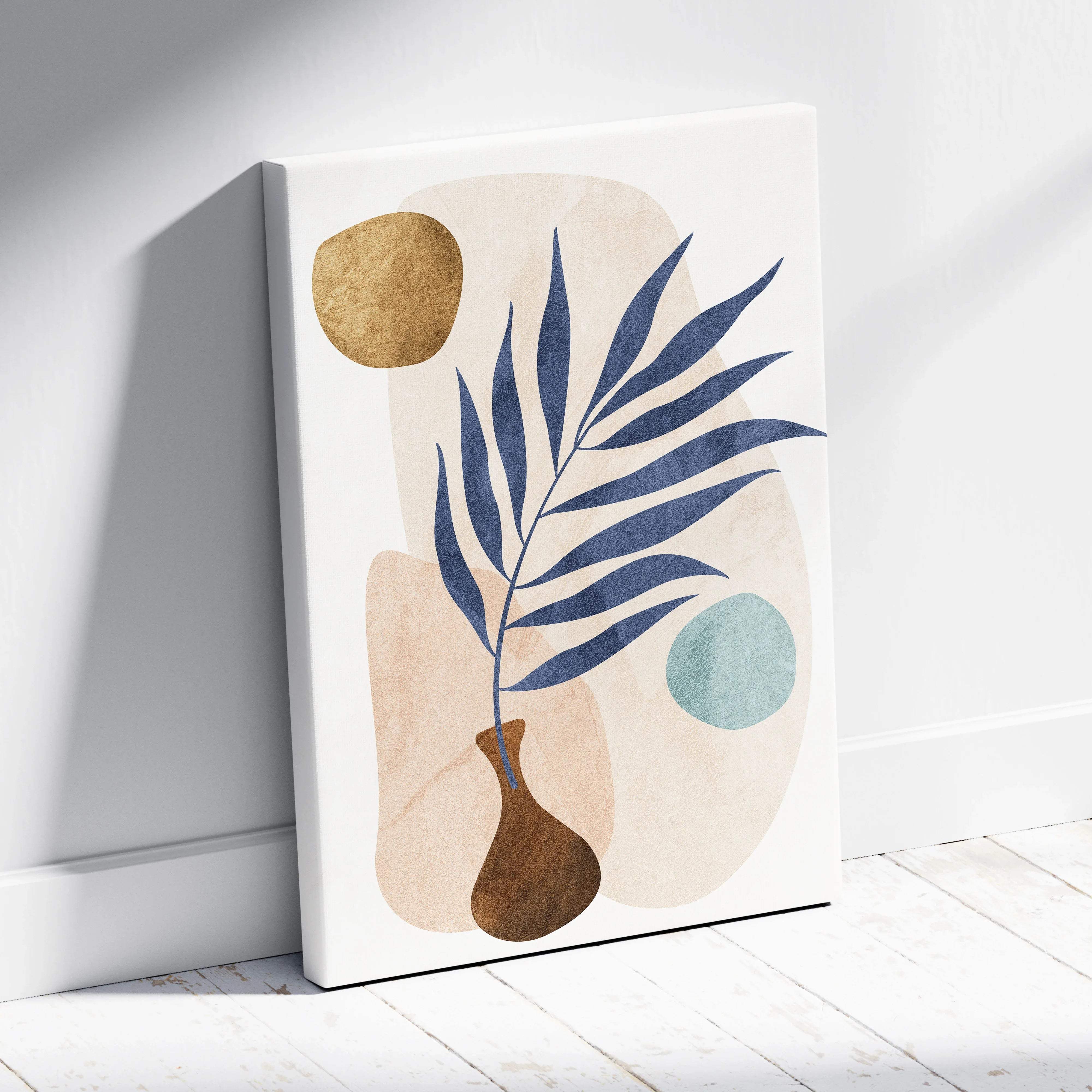 Minimalist navy palm frond in bronze vase with gold teal accents on cream canvas