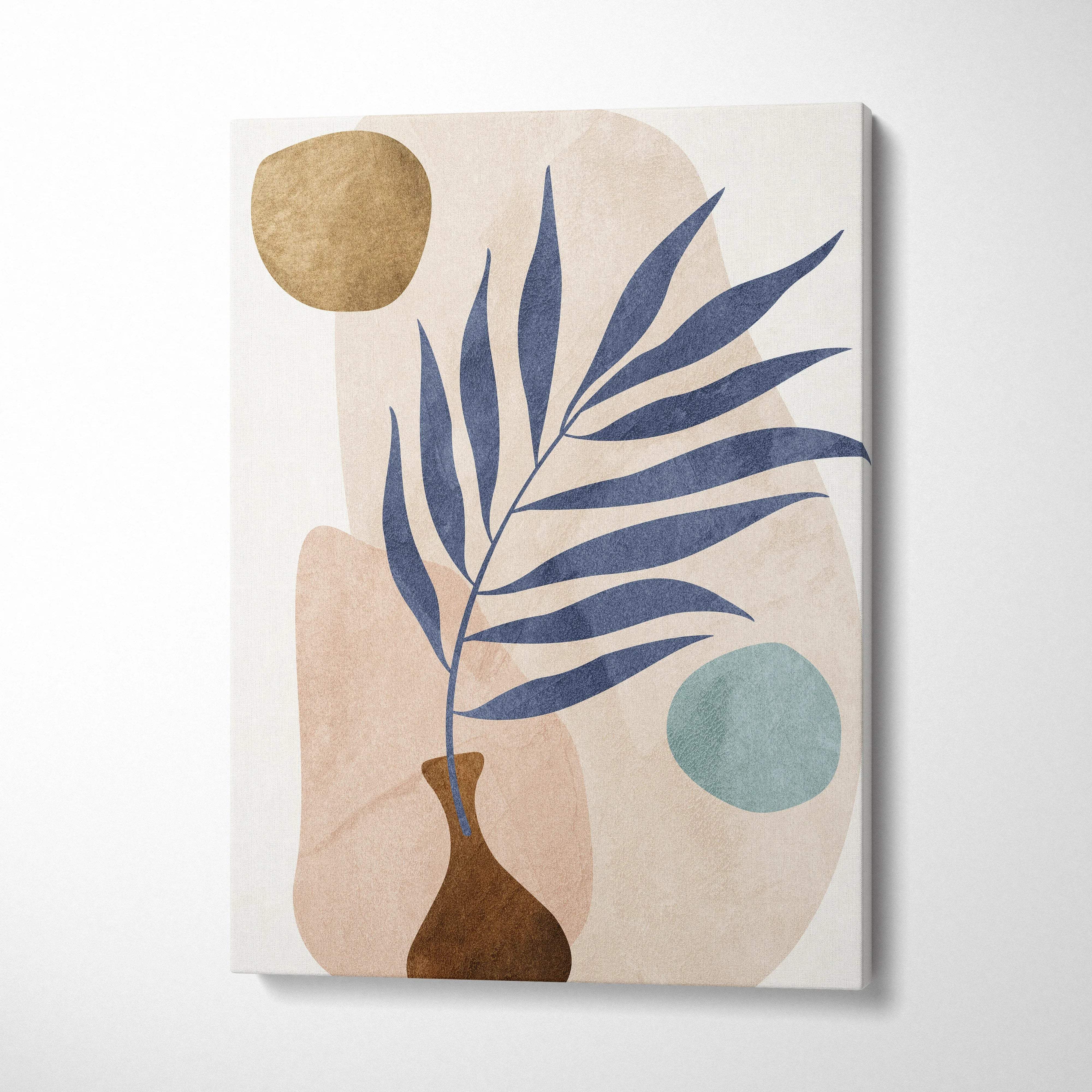 Minimalist abstract botanical canvas art with navy palm leaf in brown vase on beige gold background