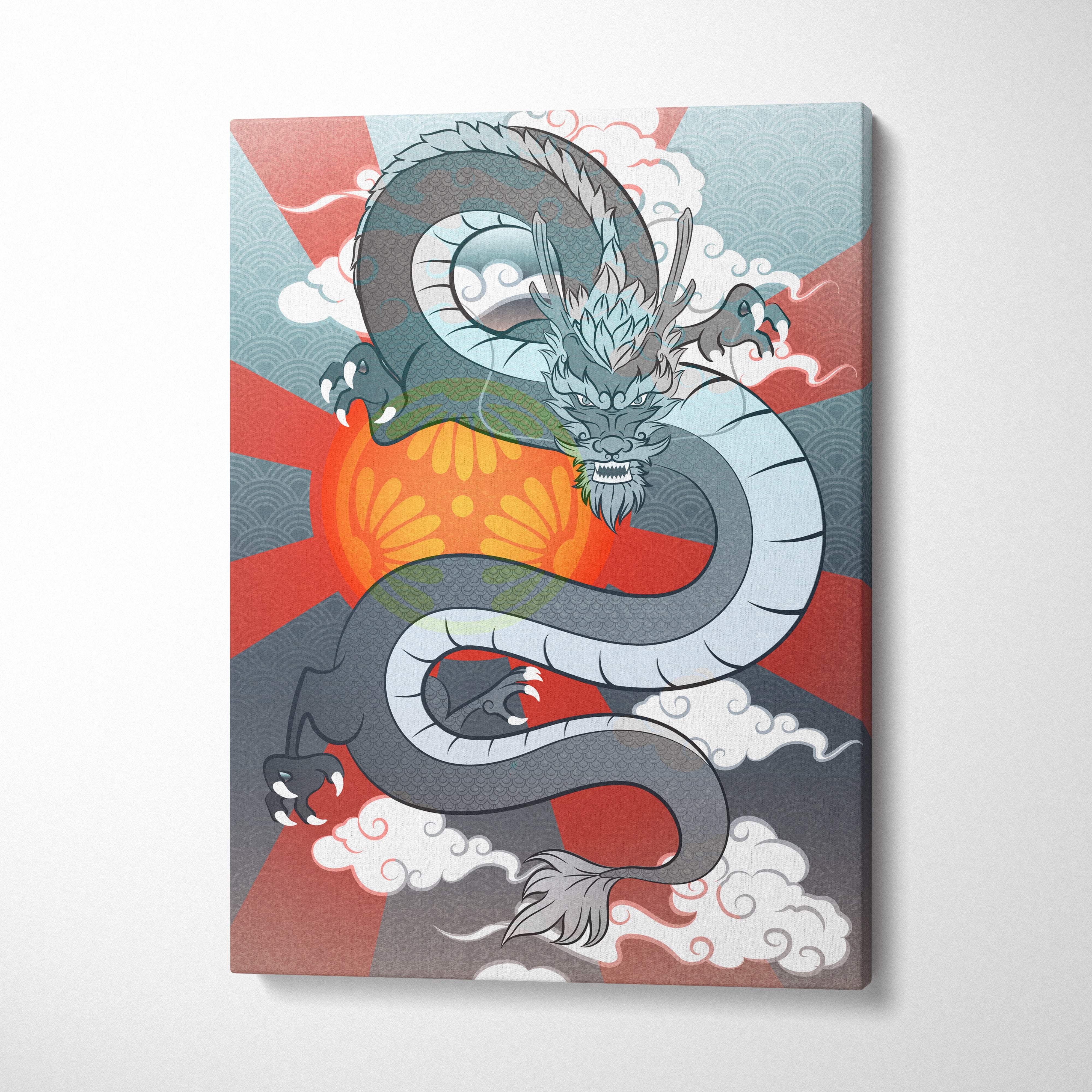 Gray japanese dragon canvas wall art with intricate scales coiled around orange sun with red rays and clouds