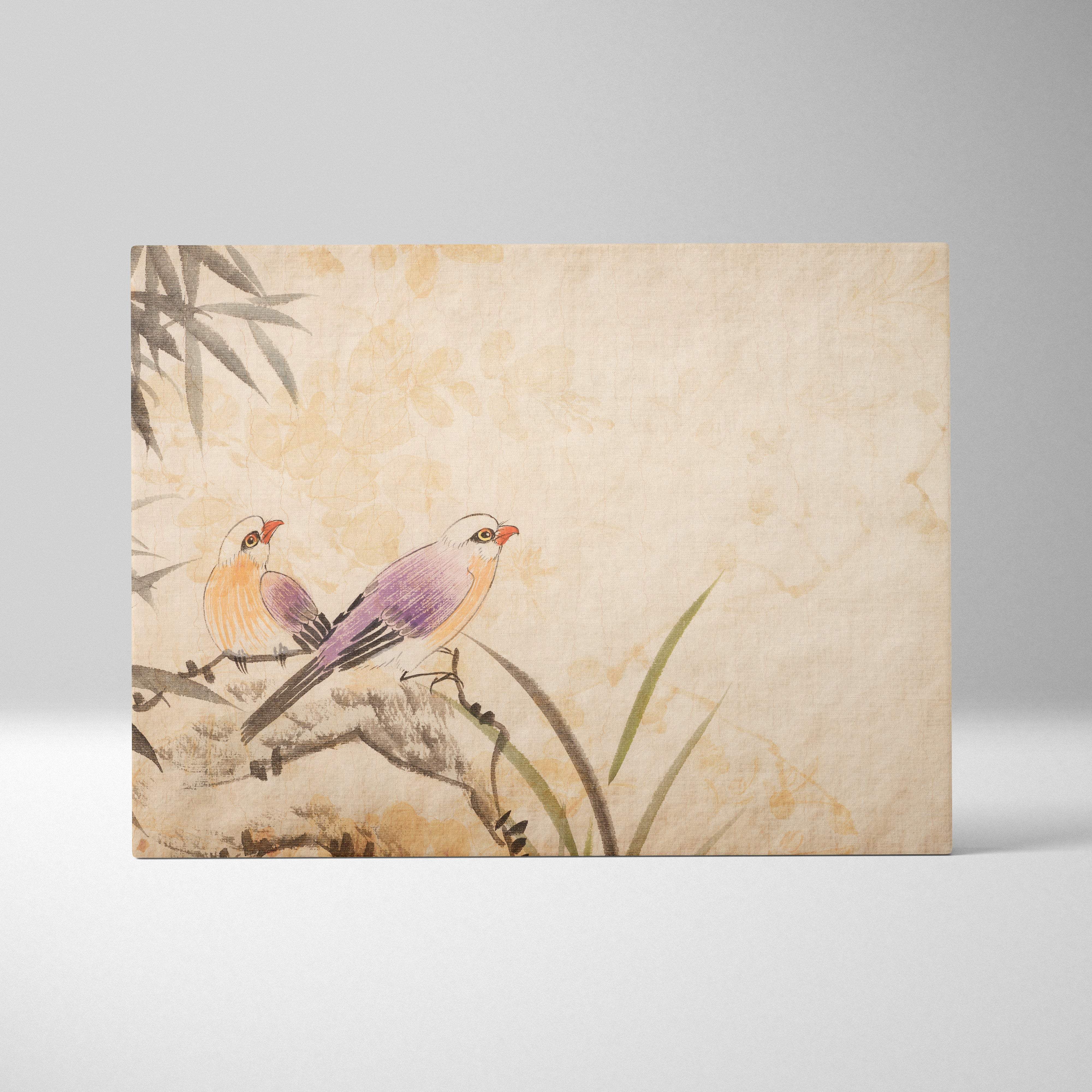 A rectangular bamboo canvas wall art featuring a beige east asian ink wash painting of two birds on branches