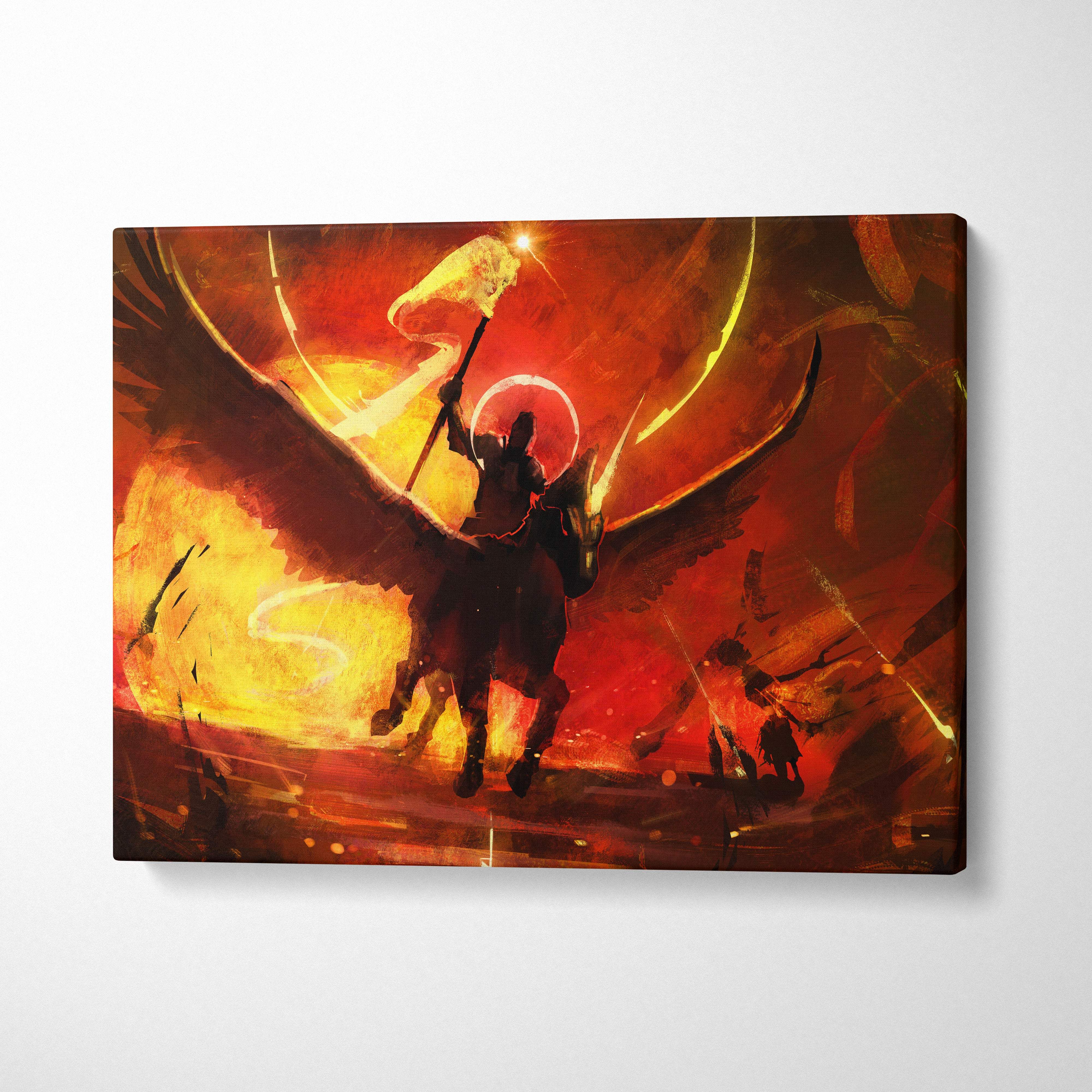 Apocalyptic angel warrior canvas art featuring a vibrant red and orange winged knight on horseback in a fiery inferno