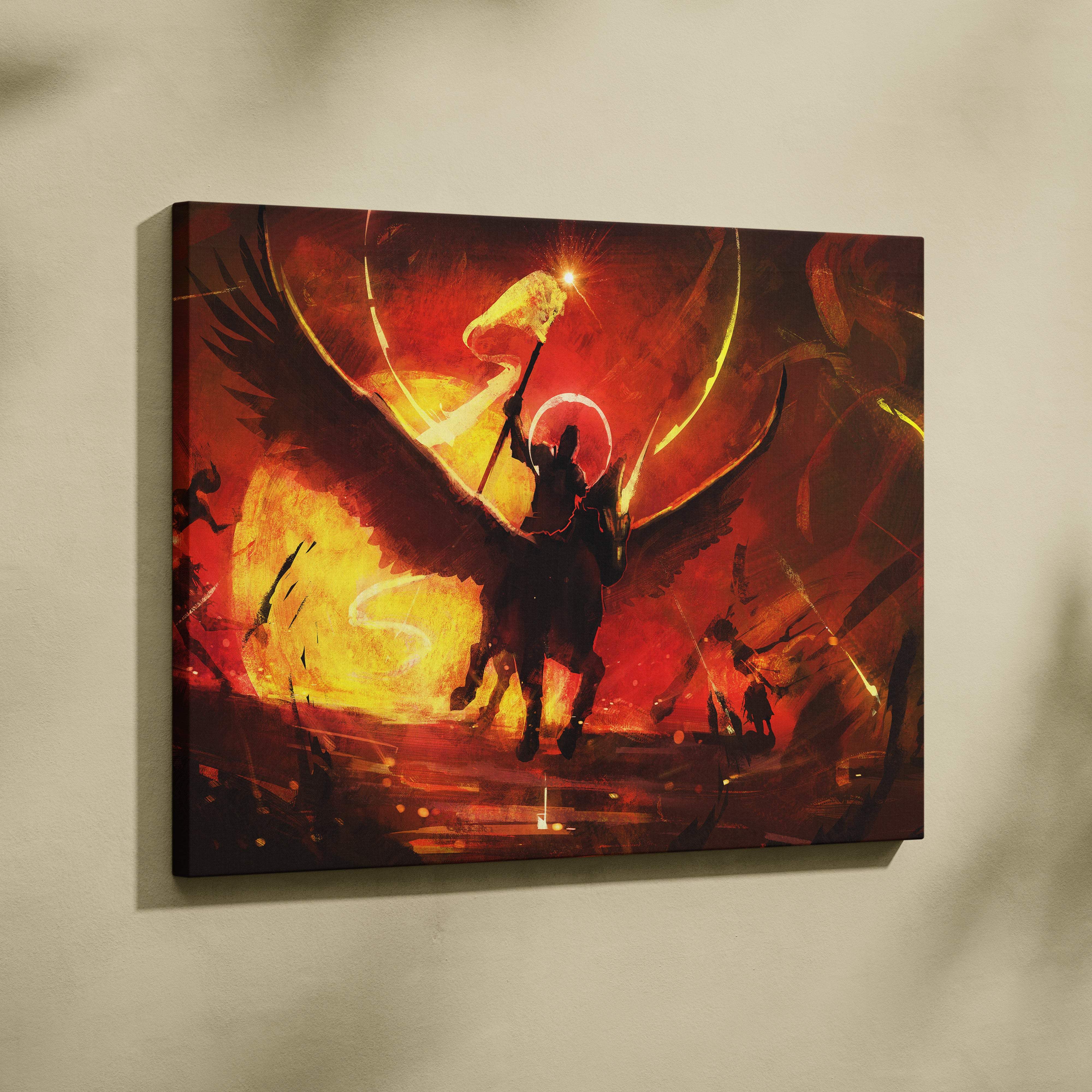 Apocalyptic angel warrior canvas art featuring a fiery red winged knight on horseback against an orange sky