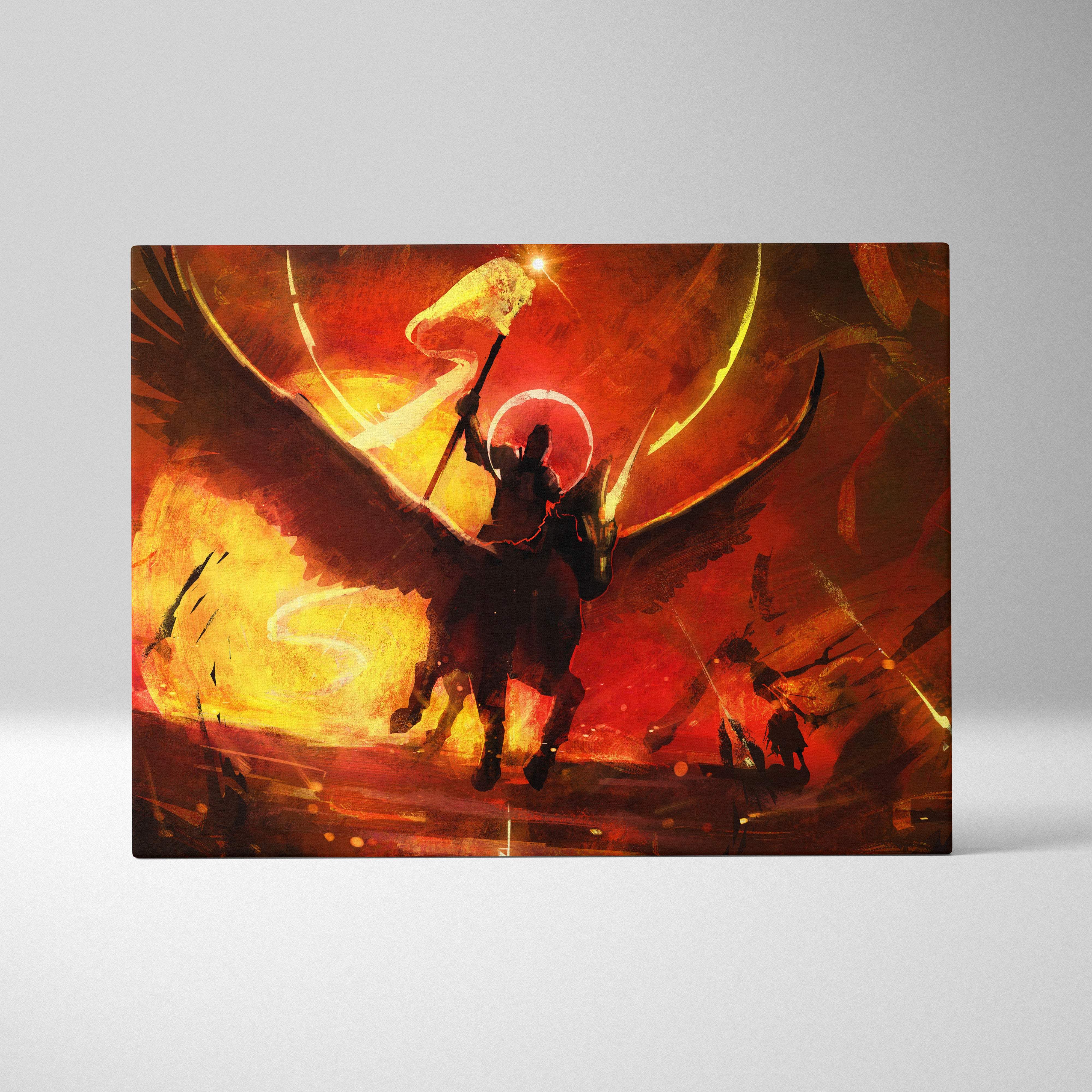 Apocalyptic angel warrior canvas art featuring vibrant red and orange winged knight on horseback in fiery inferno background