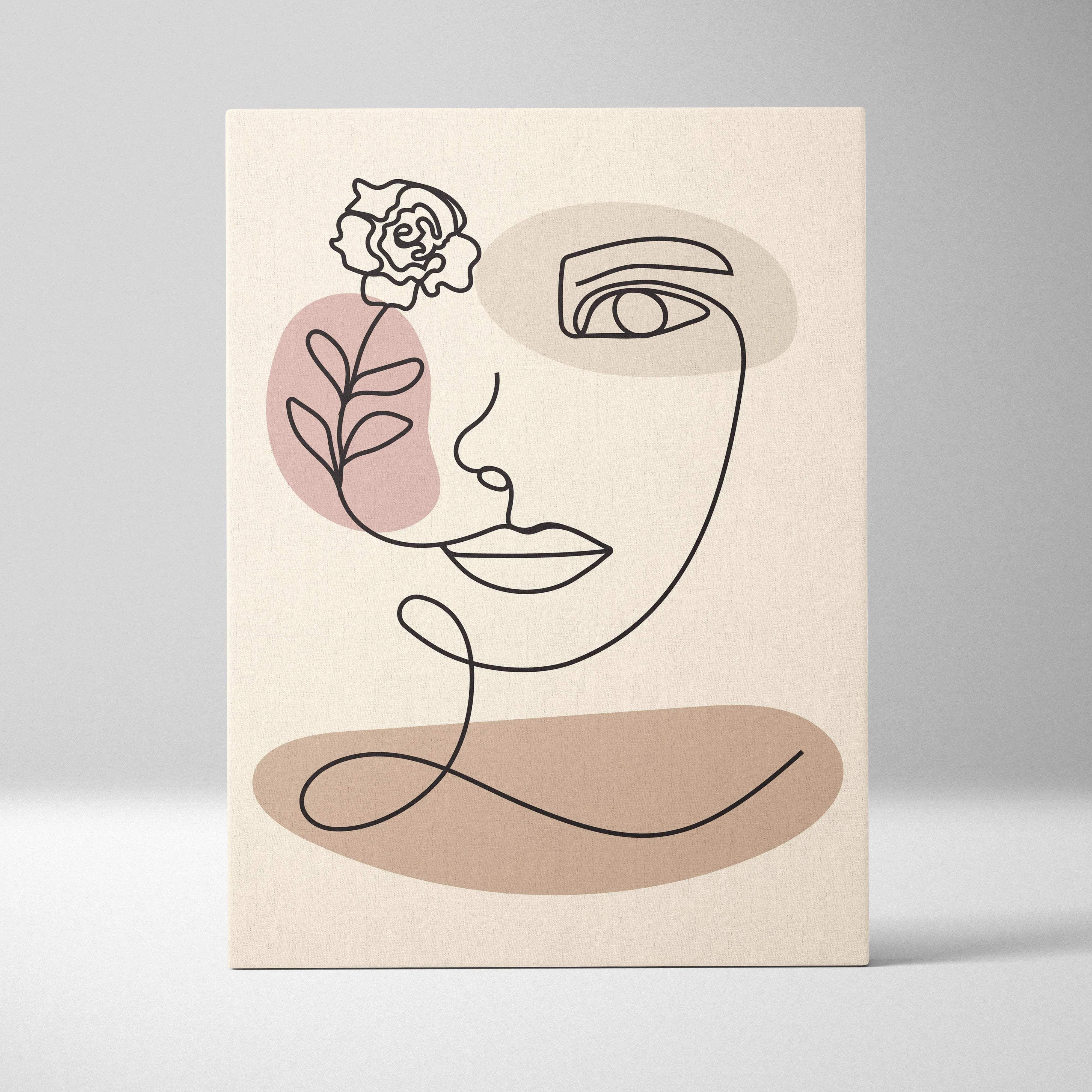 Minimalist beige taupe line art portrait of woman with rose canvas wall art