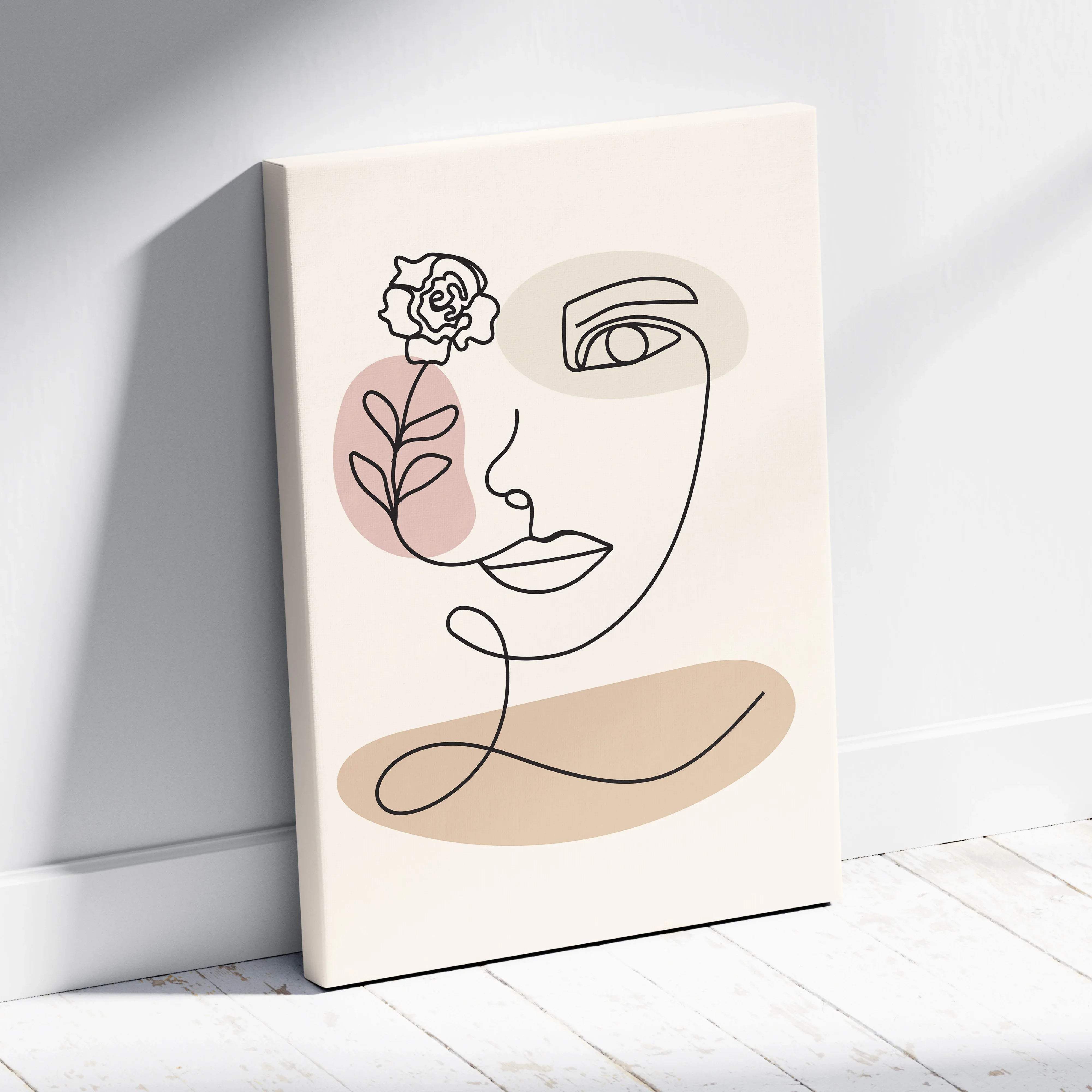 Minimalist line art woman portrait with rose boho beige canvas print