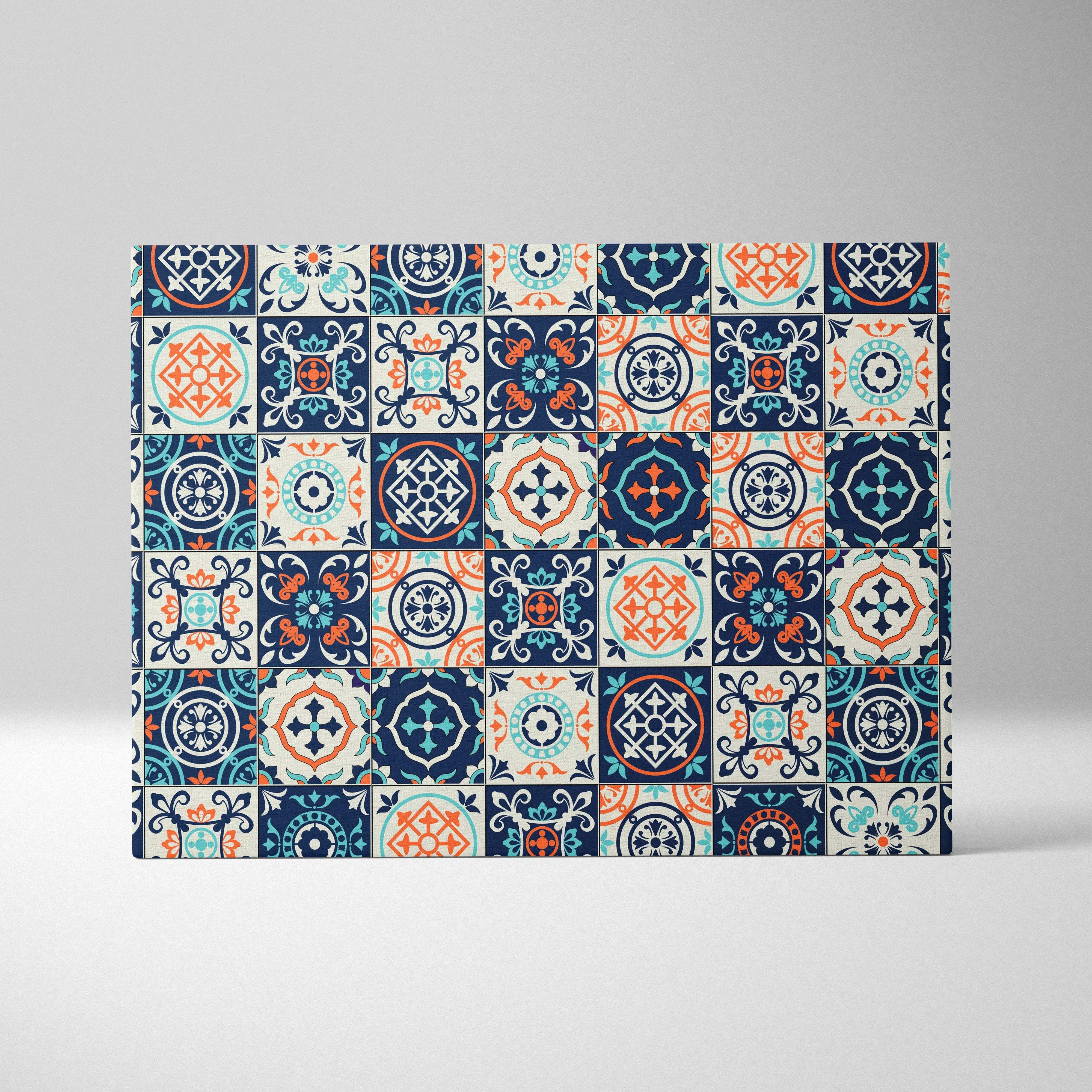Mediterranean Portuguese azulejo tile pattern canvas wall art in navy, teal, orange