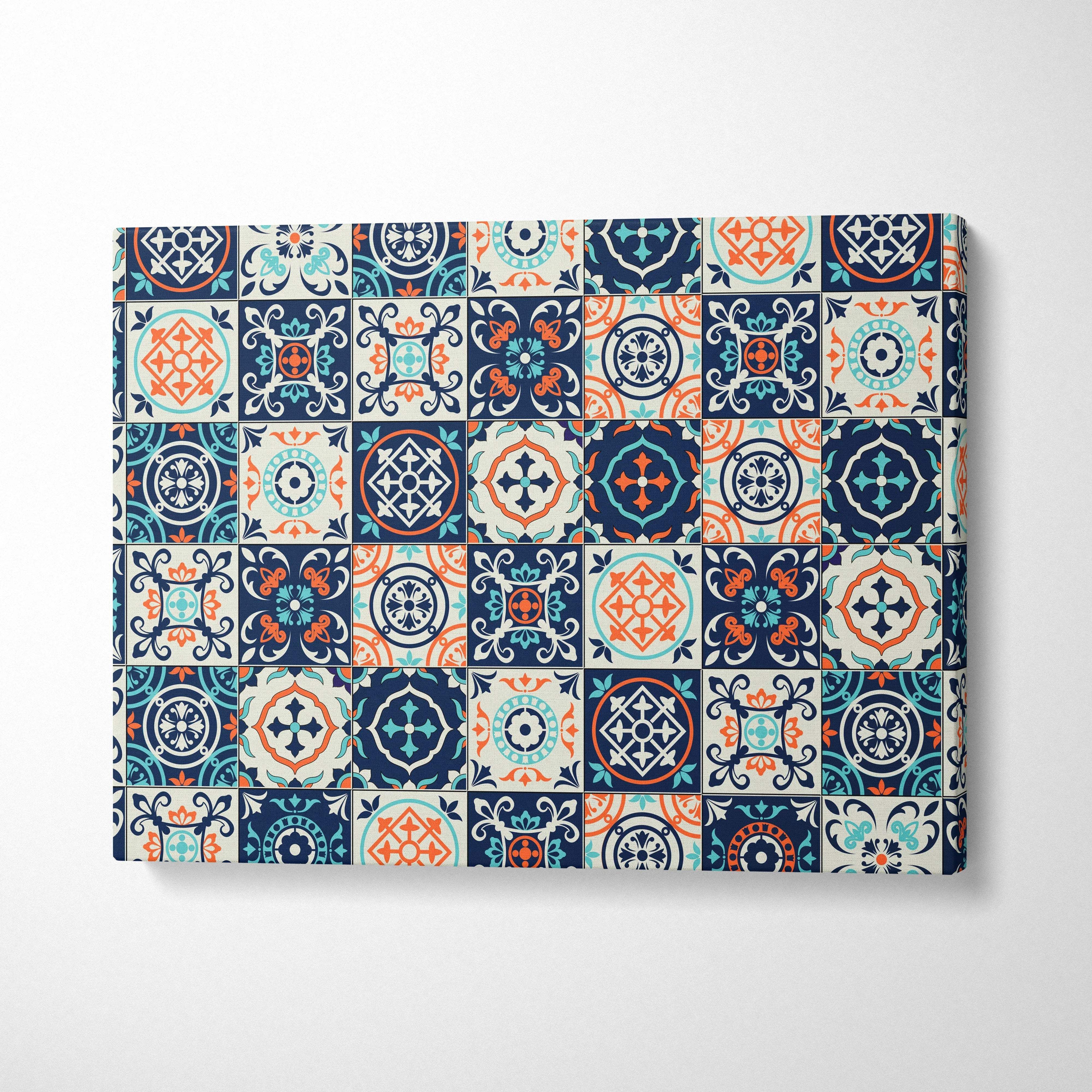 Mediterranean Portuguese azulejo tile pattern canvas wall art in navy, teal, orange