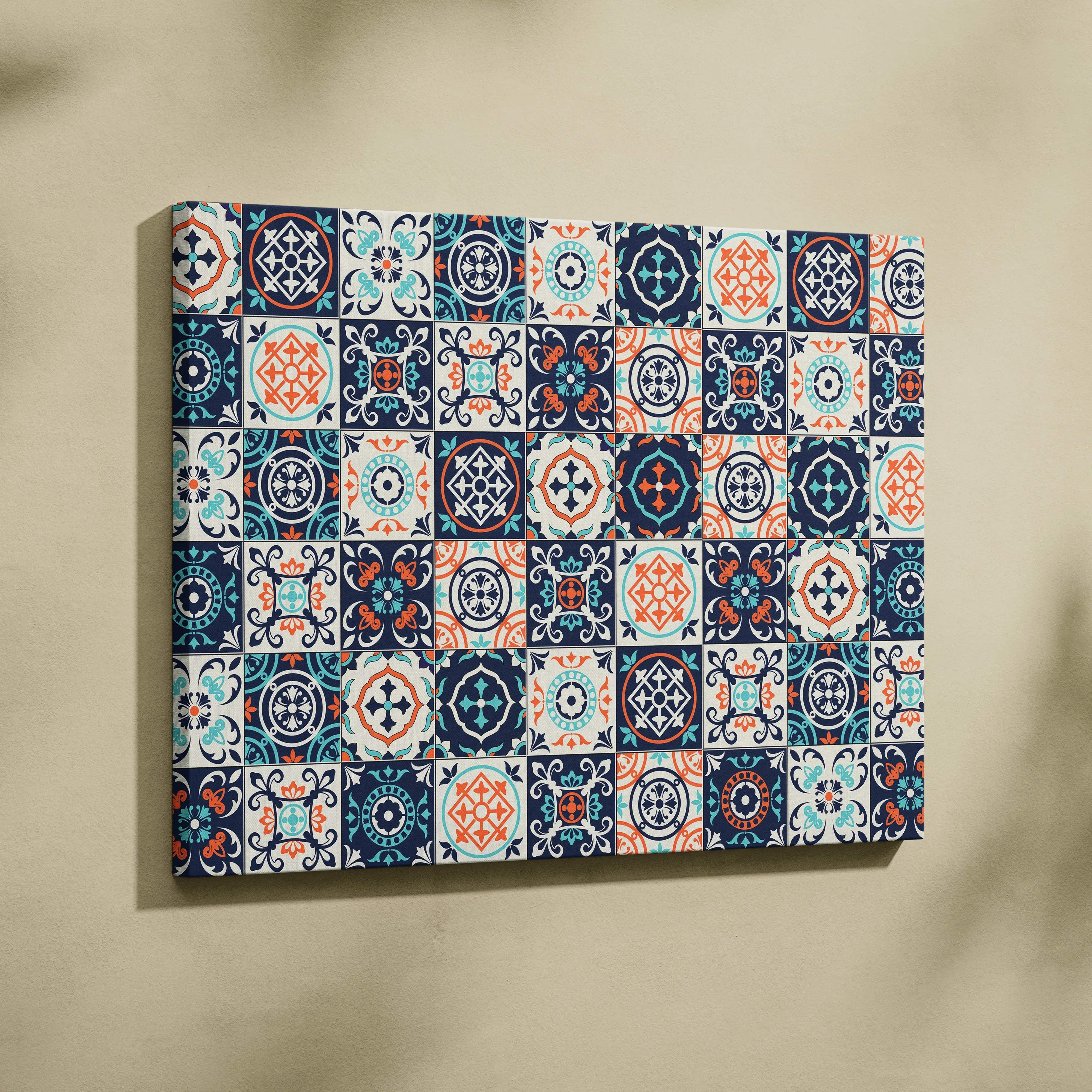 Mediterranean Portuguese azulejo tile pattern canvas wall art in navy, teal, orange