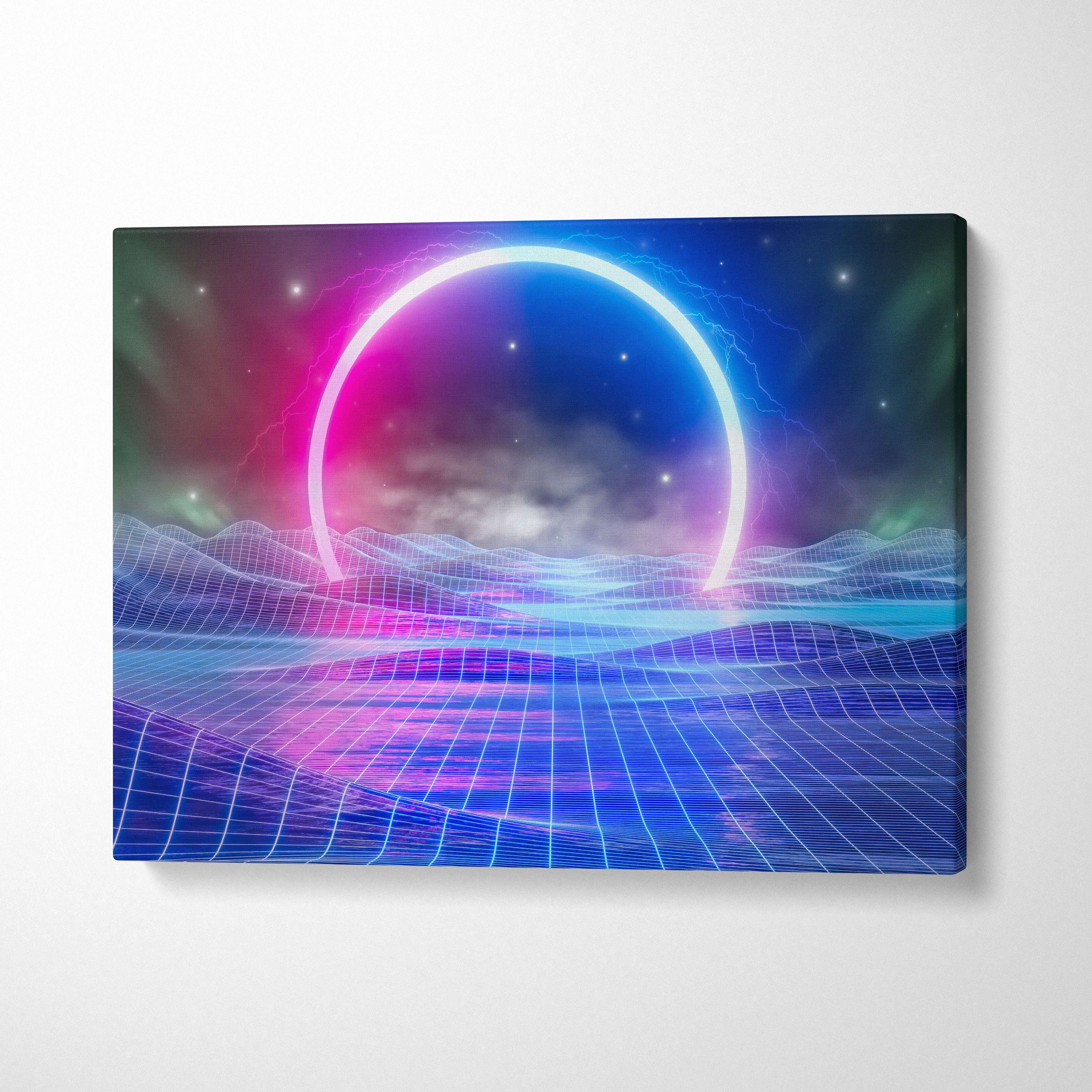 Neon grid horizon canvas wall art print featuring a glowing pink and blue neon ring over a retro-futuristic synthwave landscape