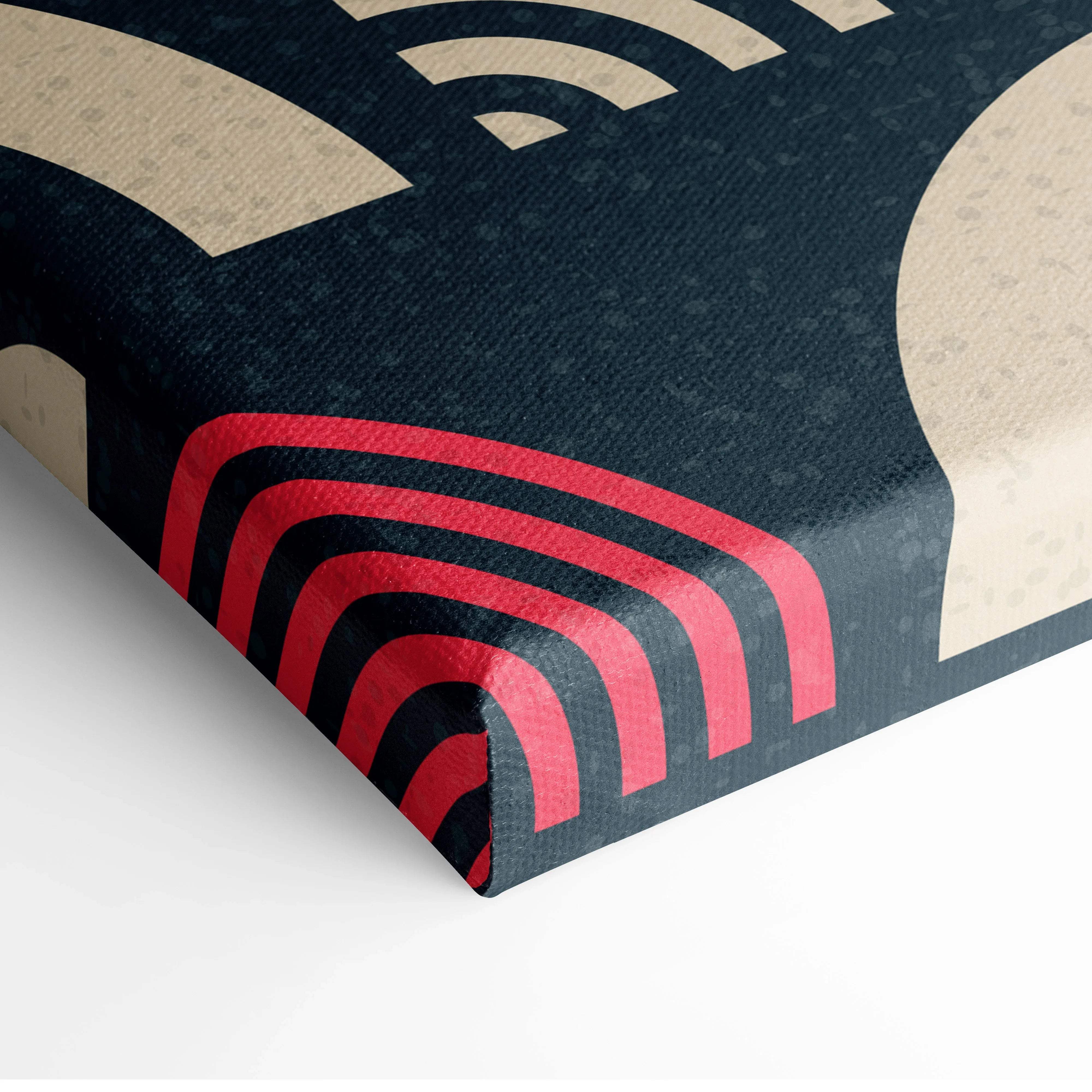 Black canvas print with red beige geometric waves and retro arcs