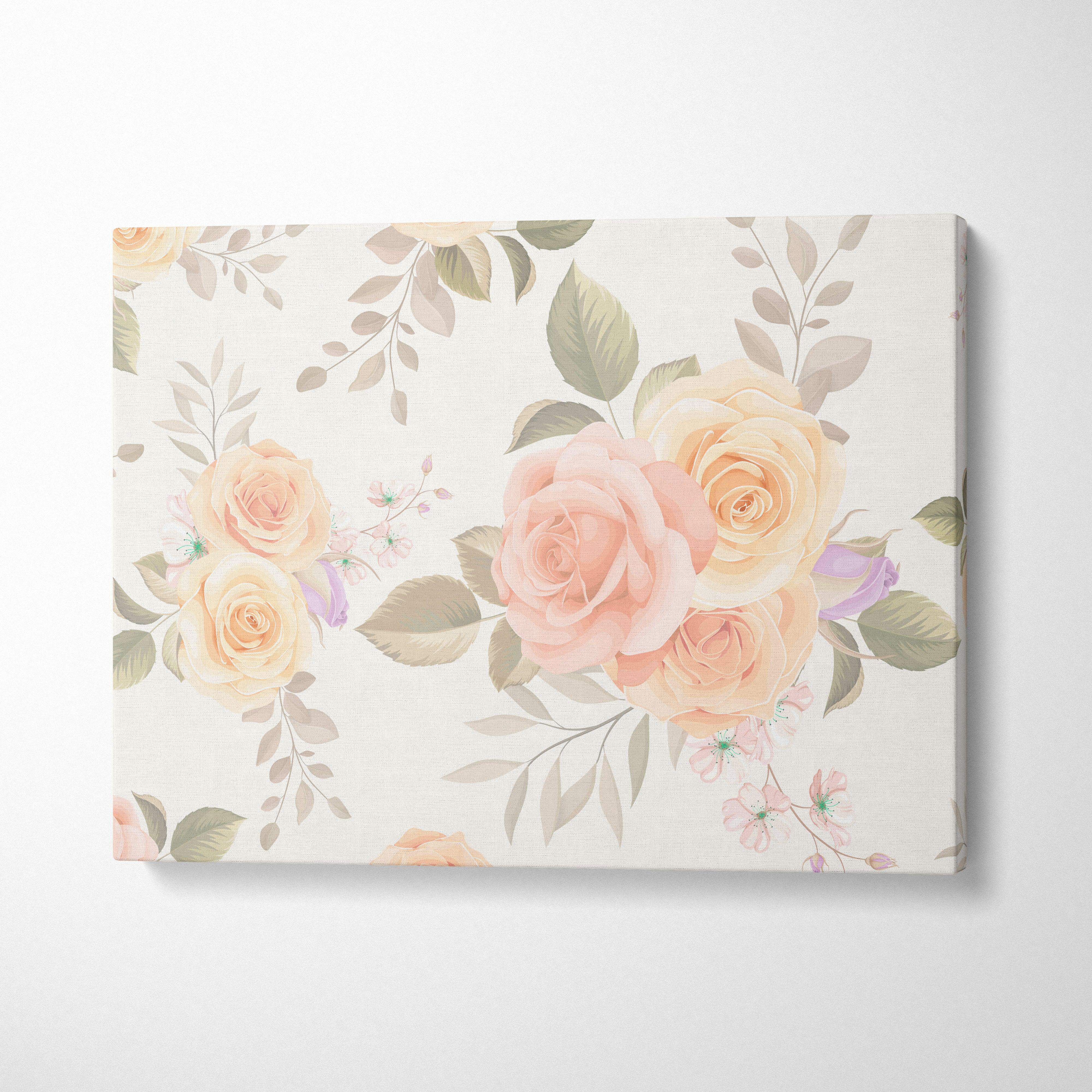Seamless vintage rose pattern canvas wall art with blush peach blooms
