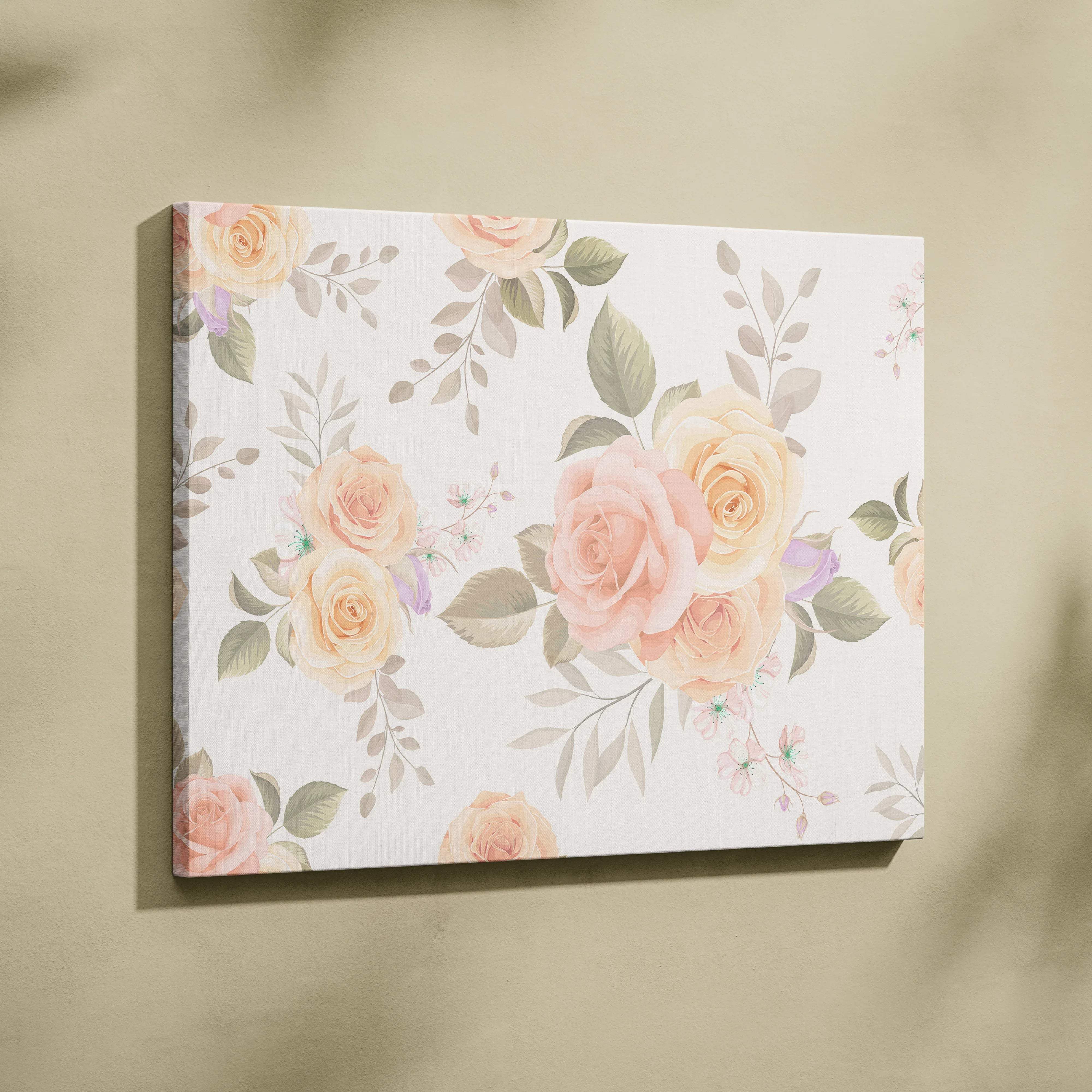 Seamless vintage rose pattern canvas wall art with blush peach blooms