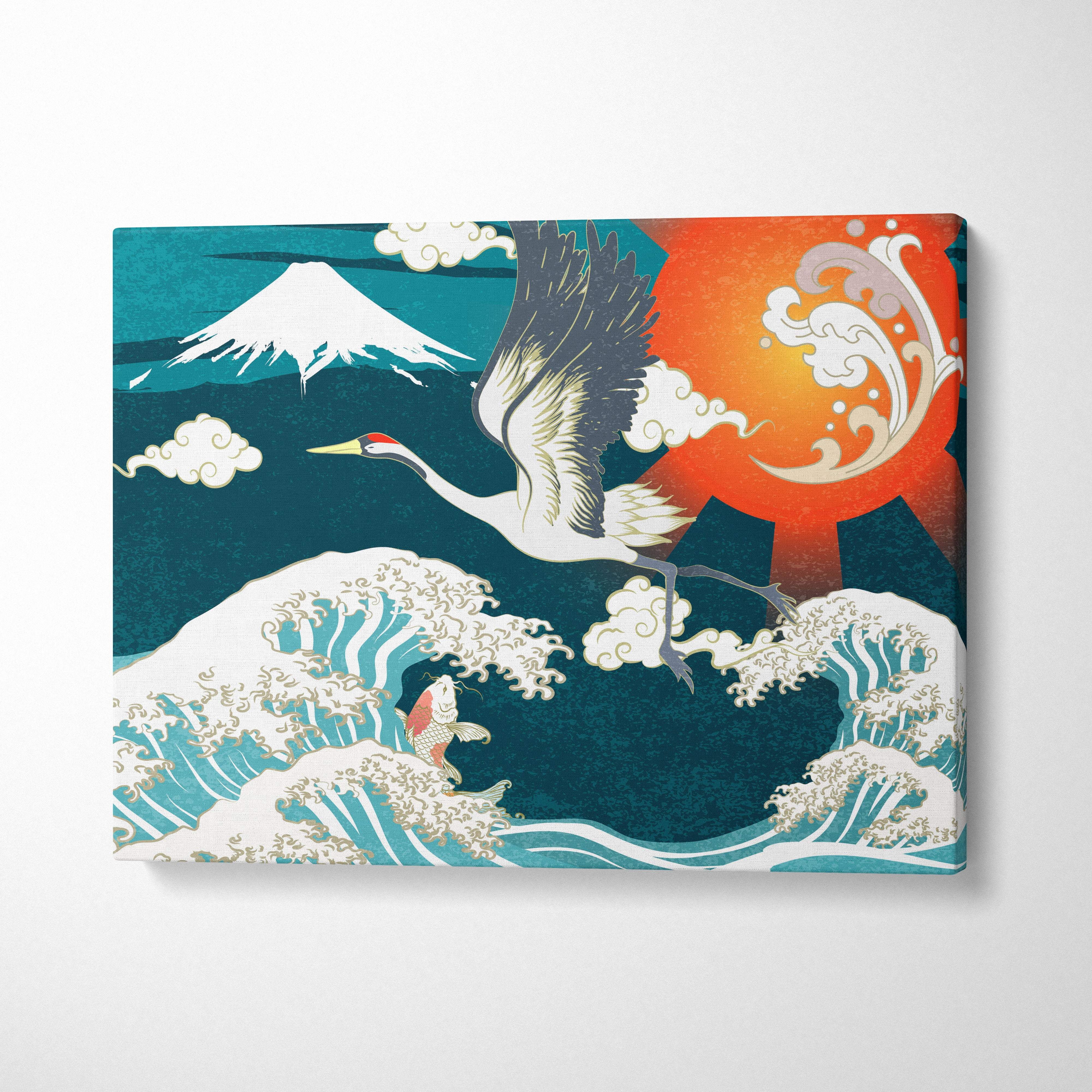 Vibrant flying crane ocean wave canvas wall art with teal and orange japanese pattern featuring mount fuji and sun