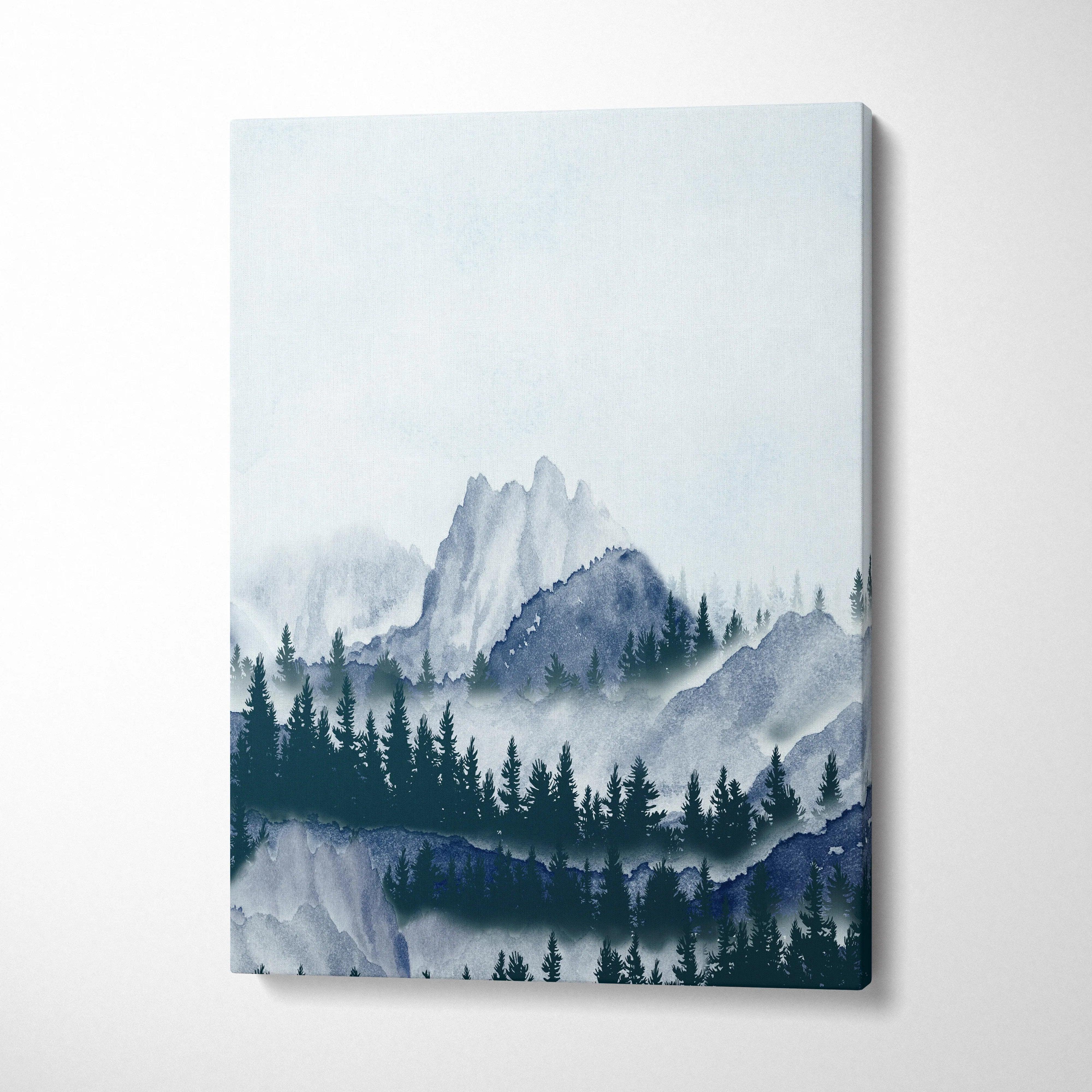 Misty watercolor mountain landscape with pine forest silhouettes canvas art