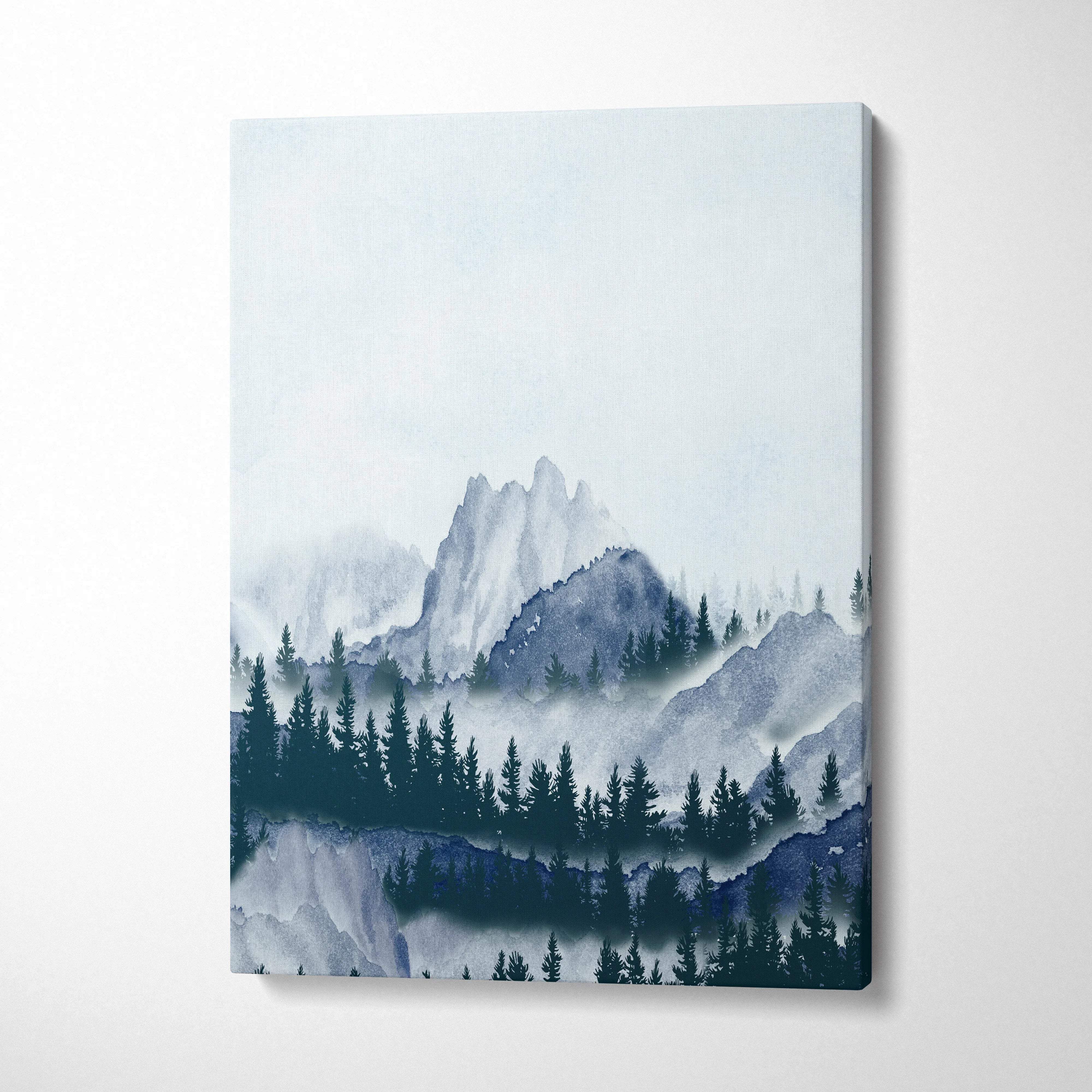 Misty watercolor mountain landscape with pine forest silhouettes canvas art