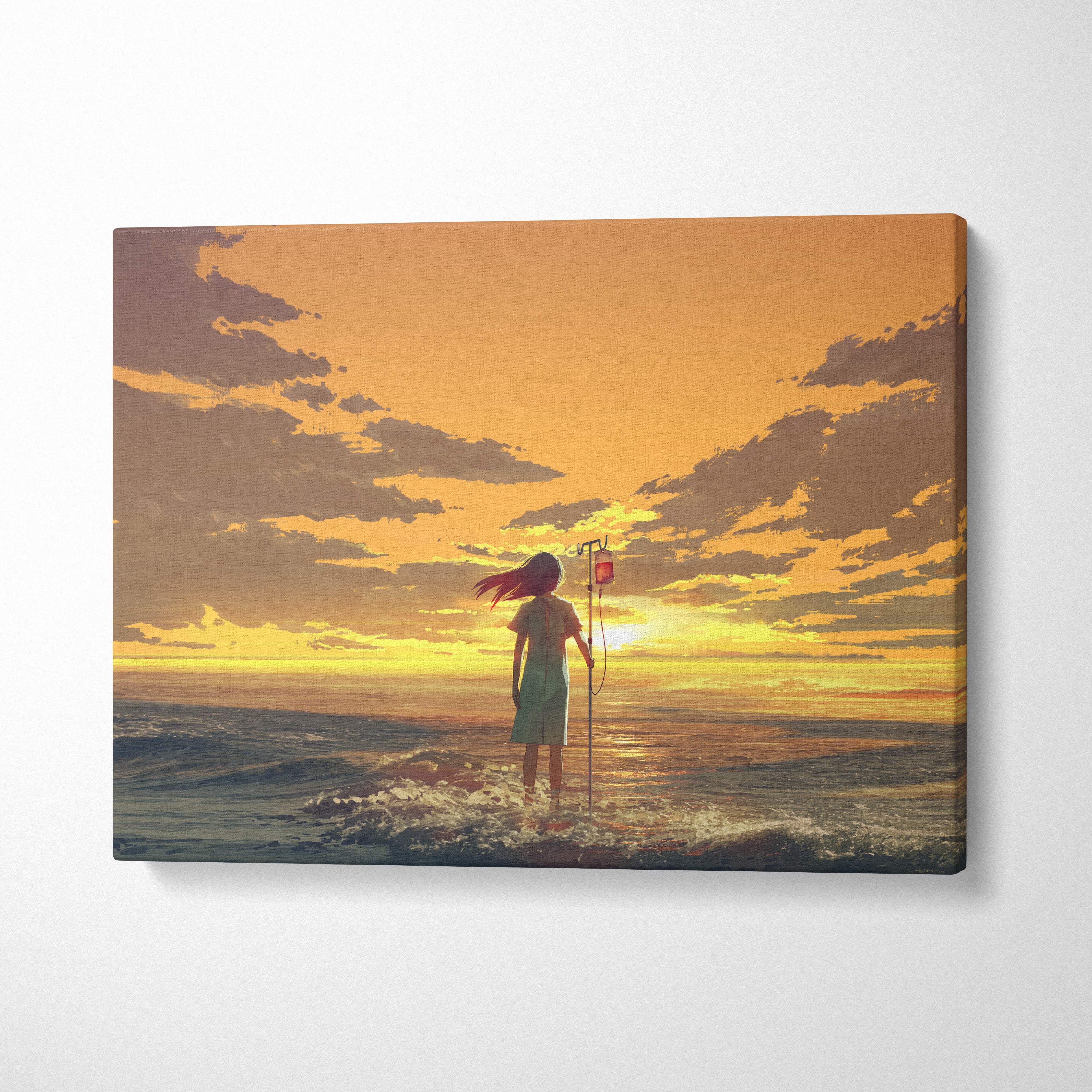 Sunset ocean solitude canvas art of a girl in light green dress holding iv bag by ocean at sunset