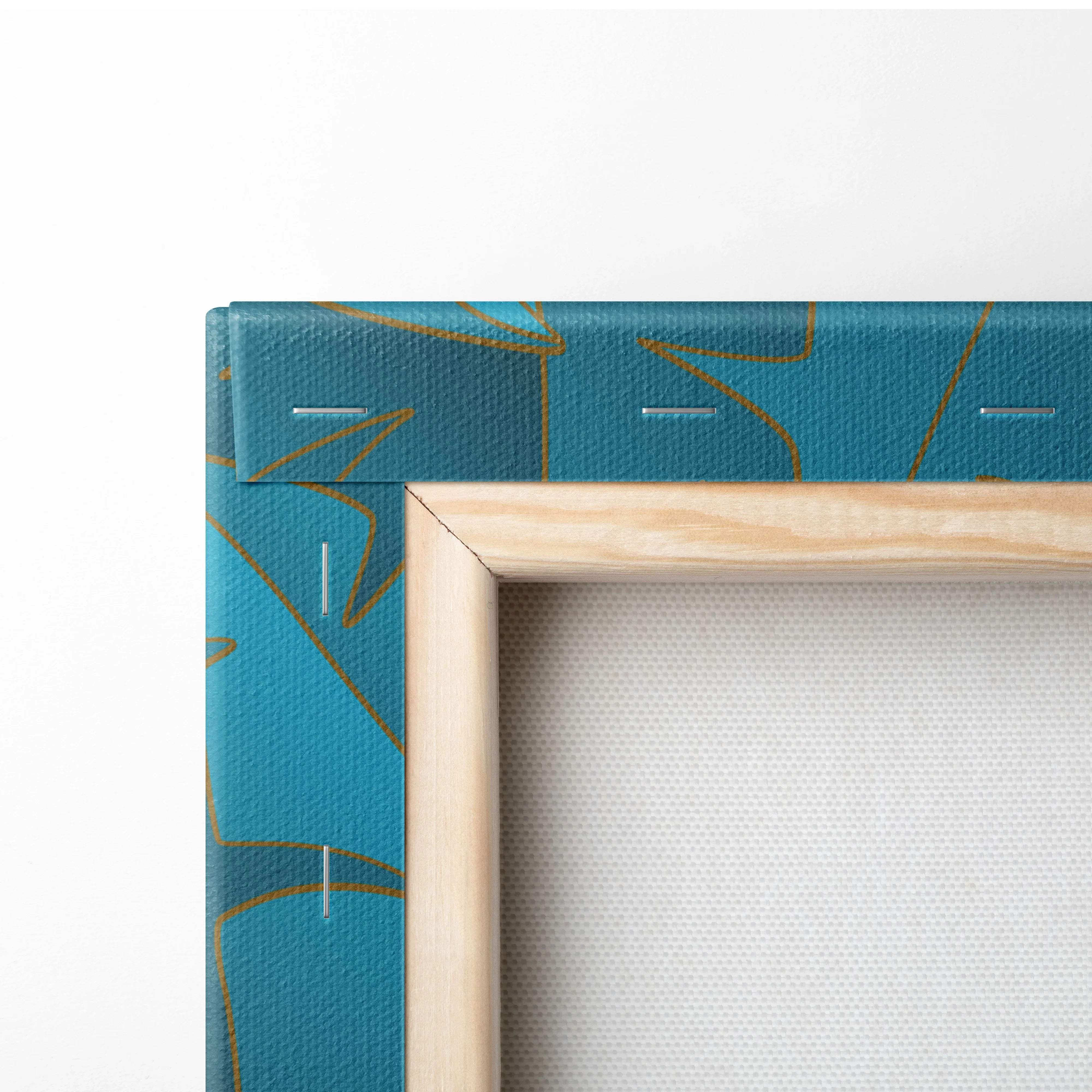 Luxe teal canvas with gold abstract tropical leaf line art in light wood frame