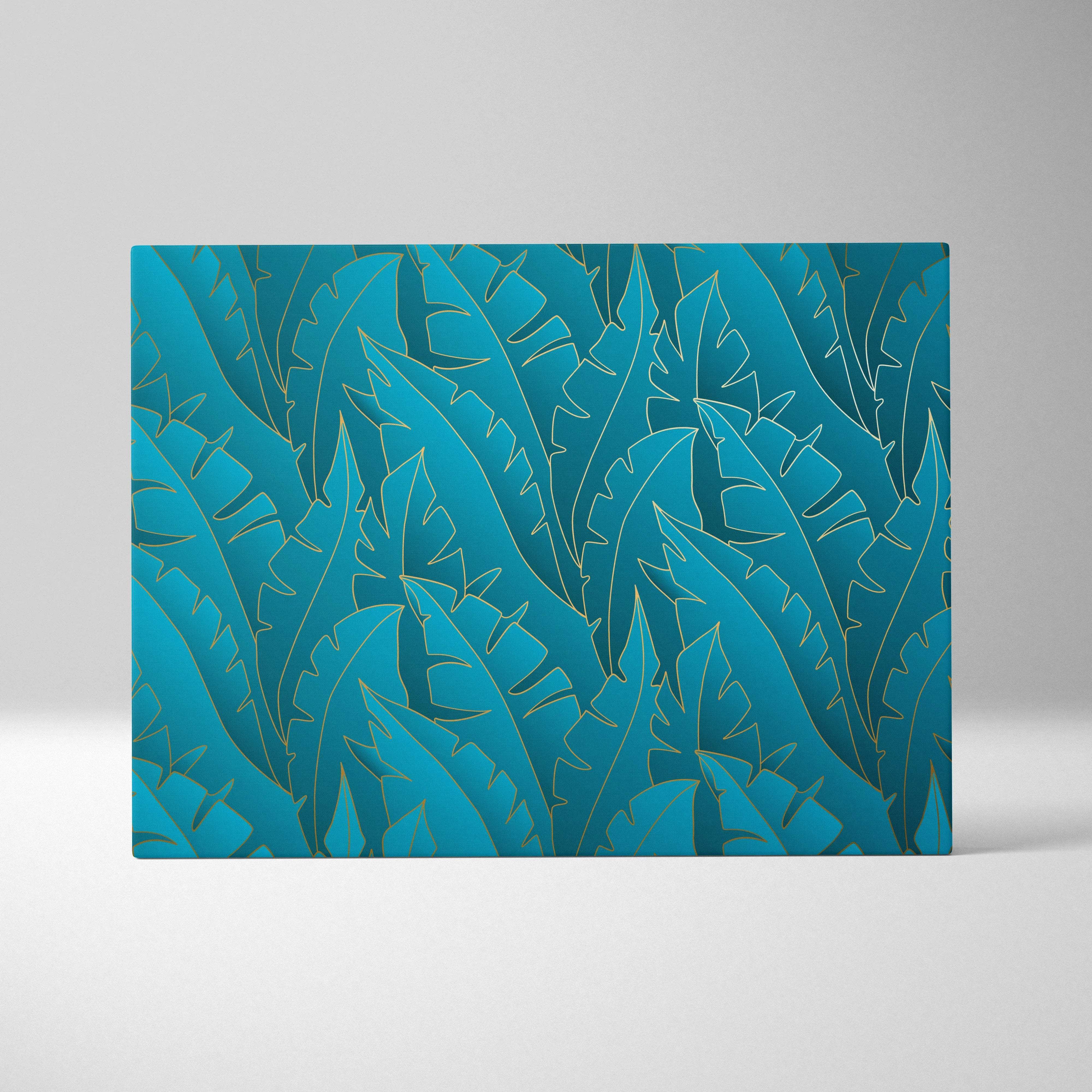 Luxe teal tropical leaf canvas art with gold outlines