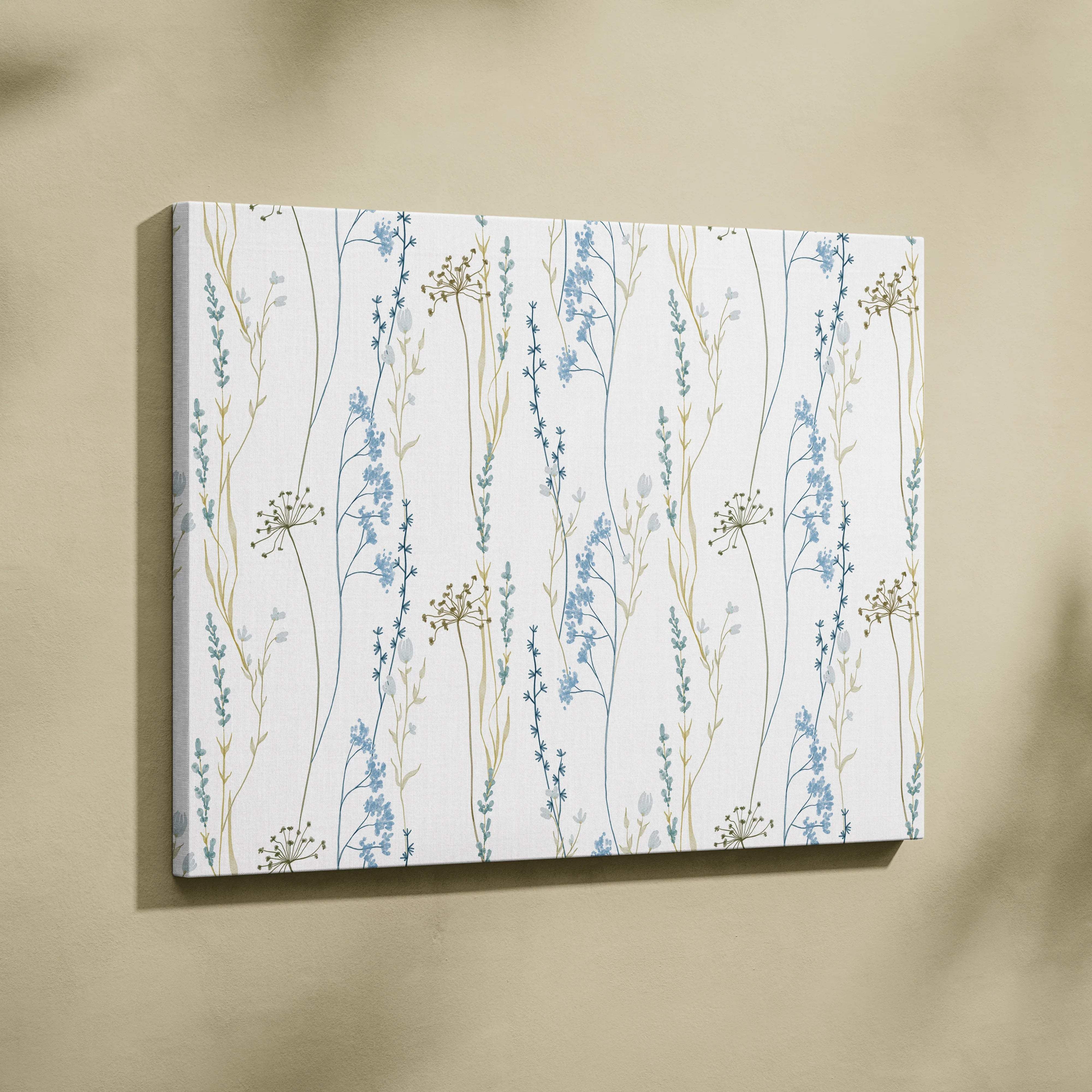 Seamless meadow wildflower canvas wall art in blue sage green watercolor