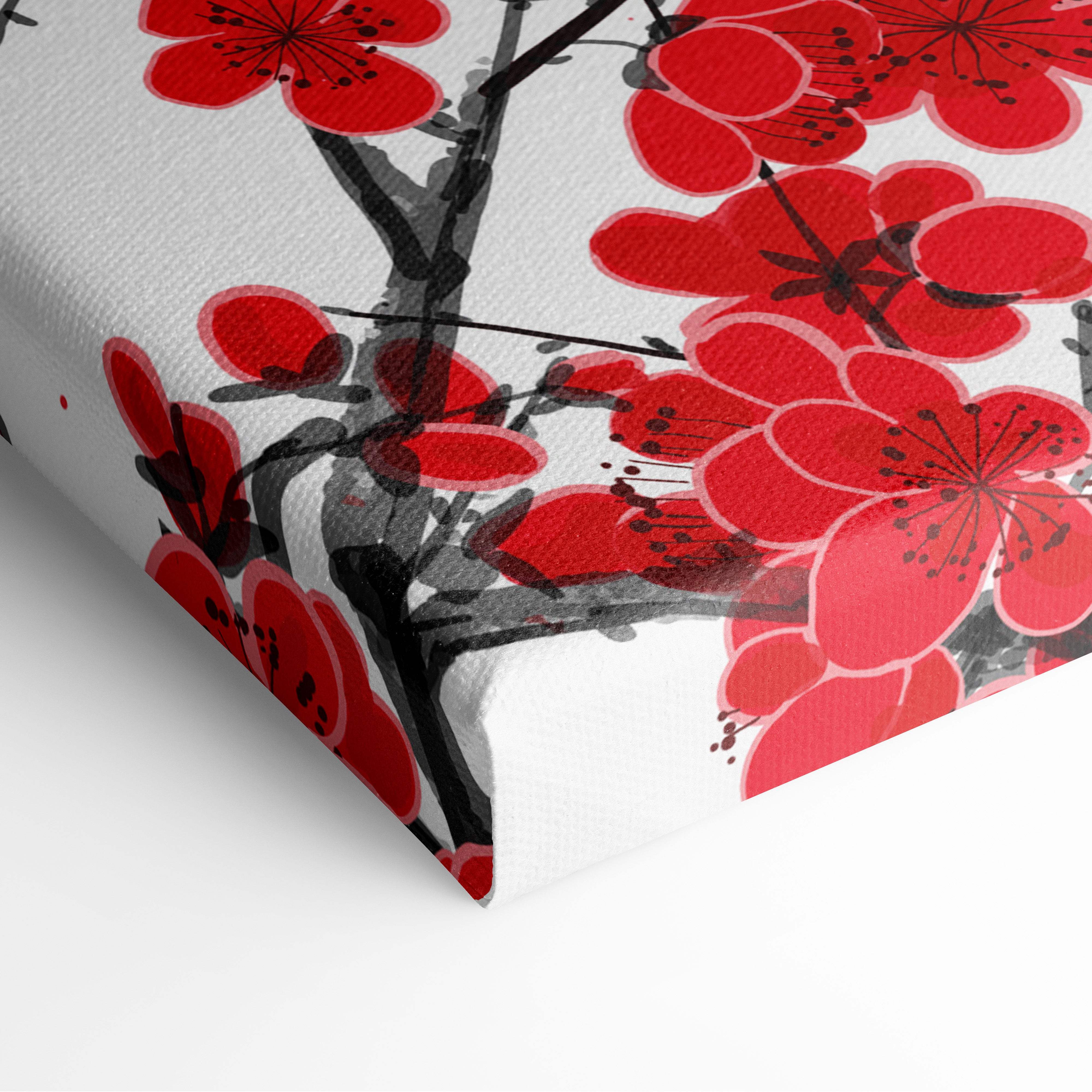 Red sun koi fish canvas print featuring vibrant red cherry blossoms on black branches for zen living room decor