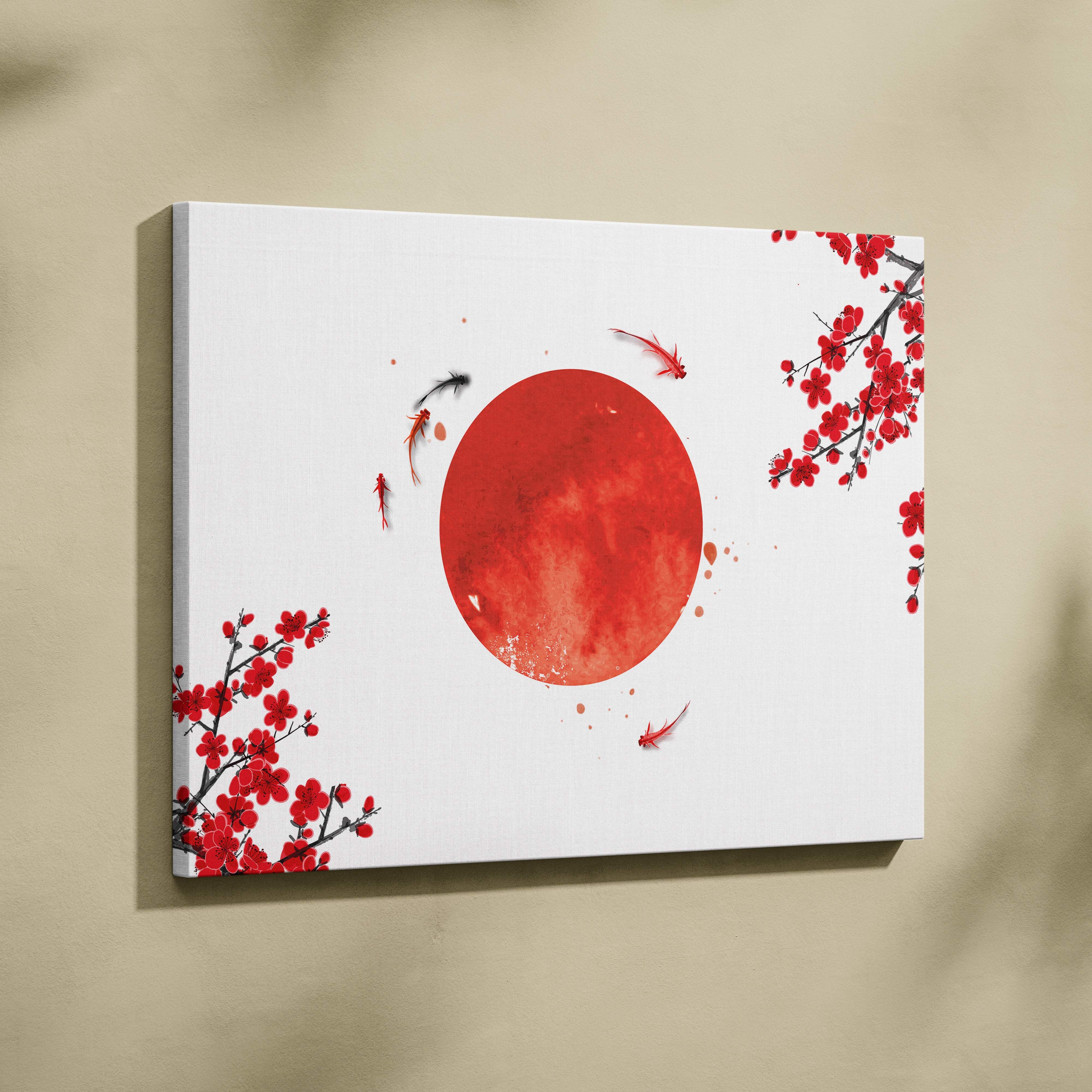 White canvas wall art featuring a vibrant red watercolor sun with black and red koi fish and japanese cherry blossoms