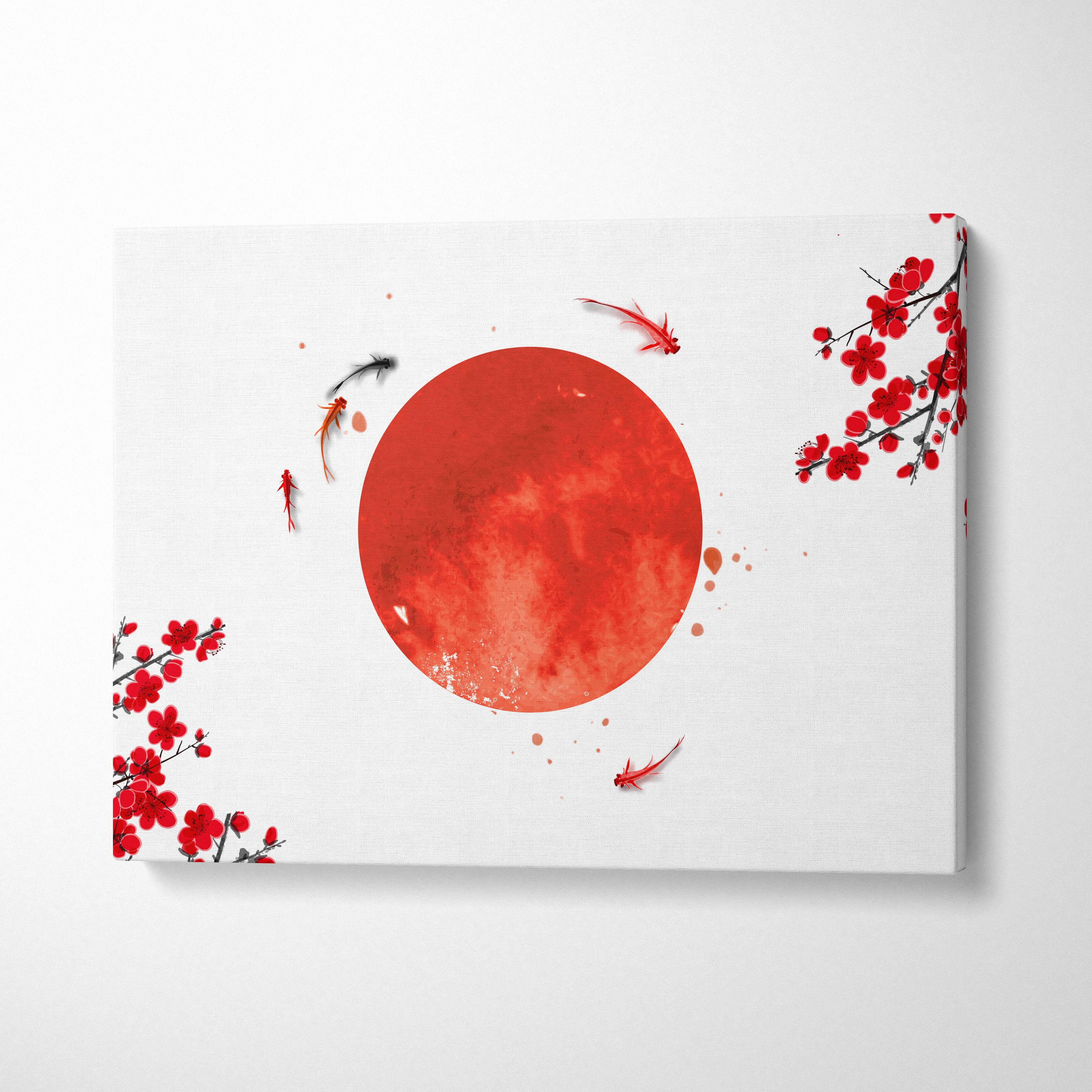 White canvas print featuring a vibrant red sun with black cherry blossom branches and koi fish for zen decor