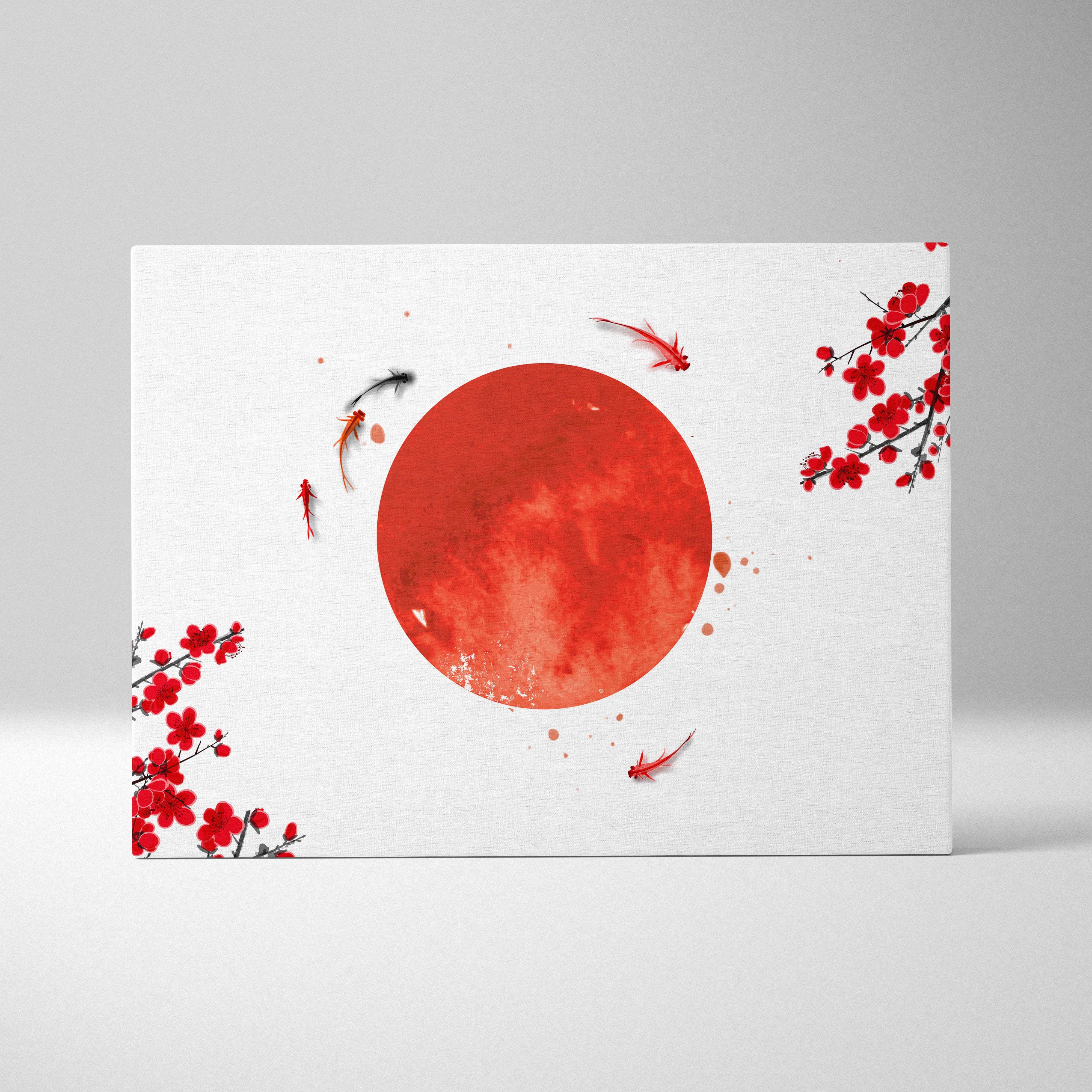 A rectangular canvas print featuring a vibrant red watercolor sun with koi fish and cherry blossoms on white background