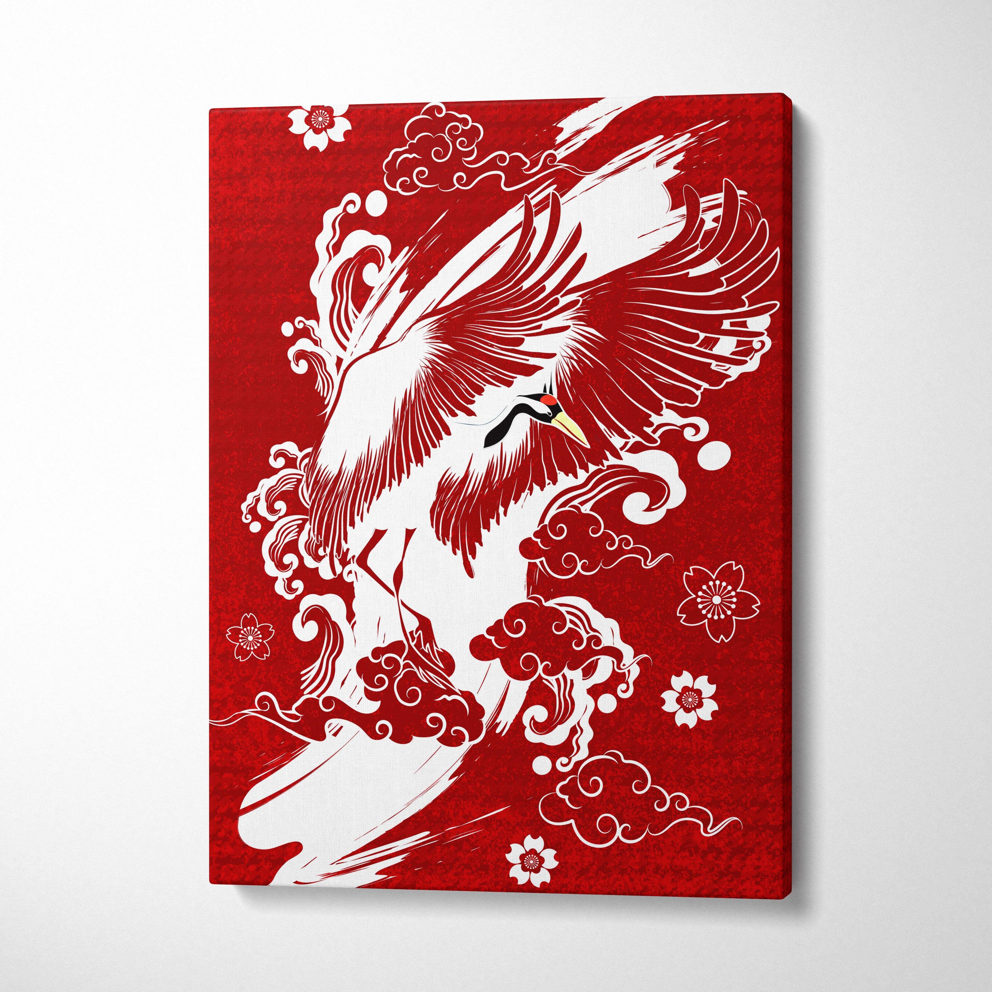 Red canvas wall art featuring a white crane with black and yellow accents surrounded by clouds and cherry blossoms