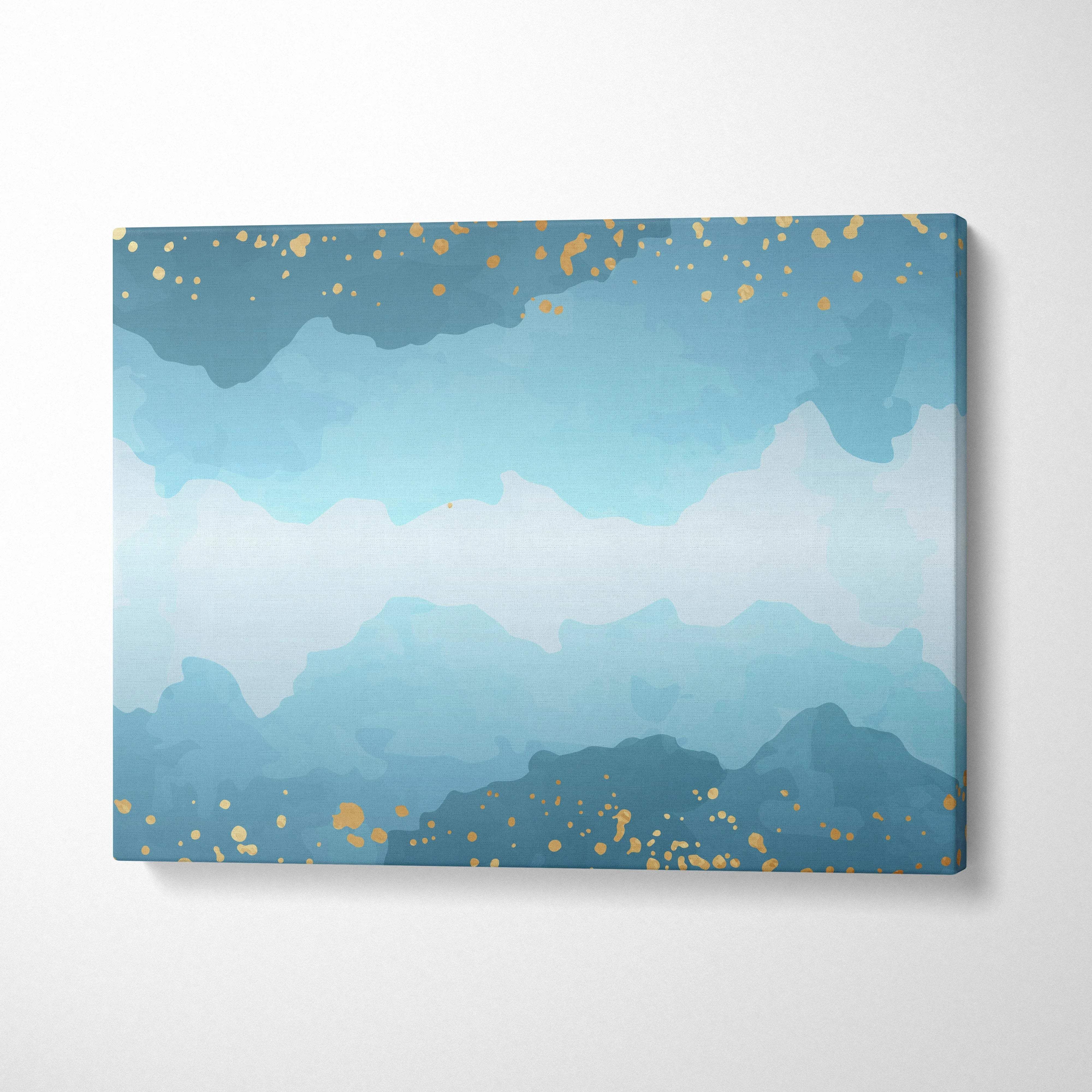 Blue teal watercolor gradient canvas with gold confetti accents