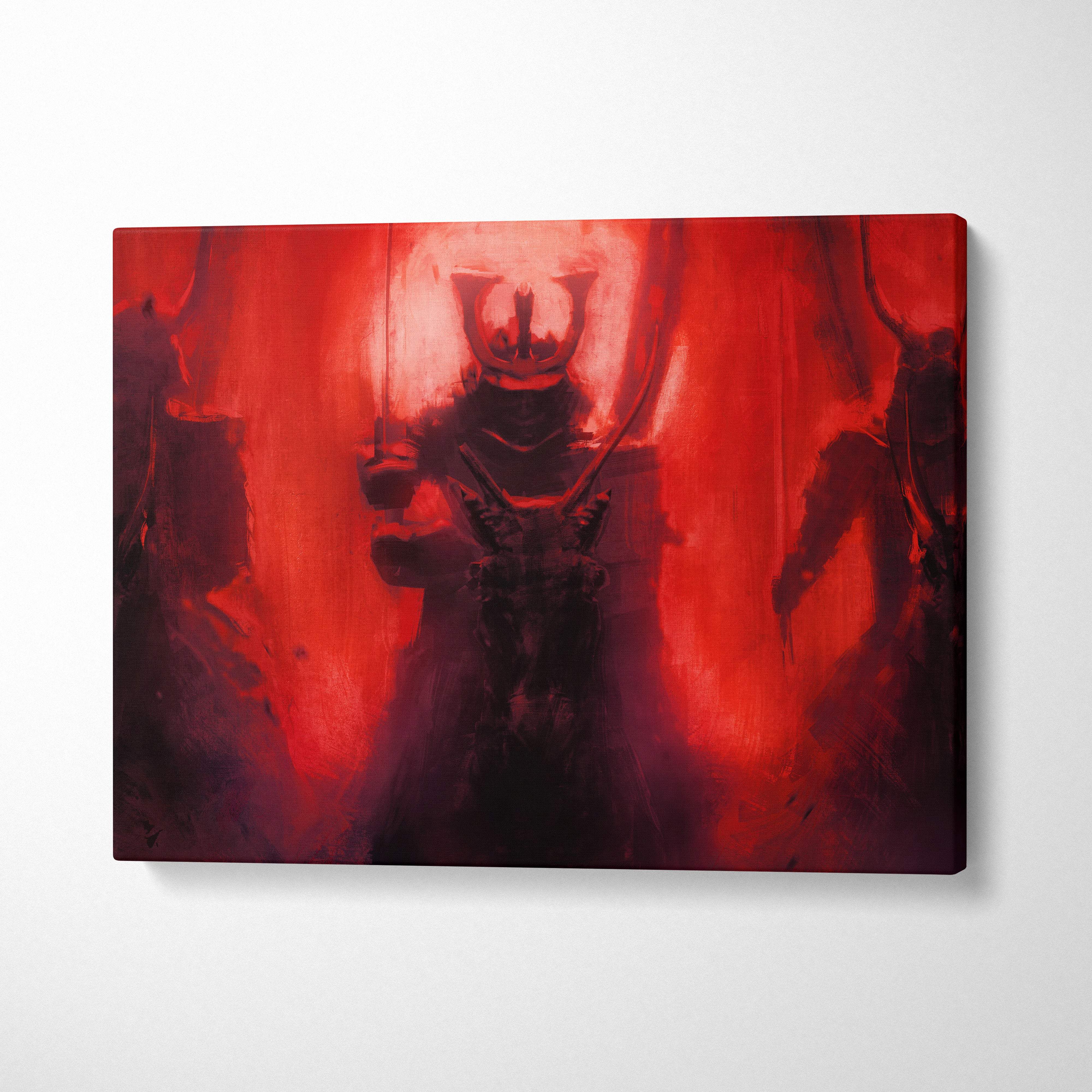 Crimson samurai shadows canvas art depicting a dark armored figure in japanese oni-inspired armor on red background