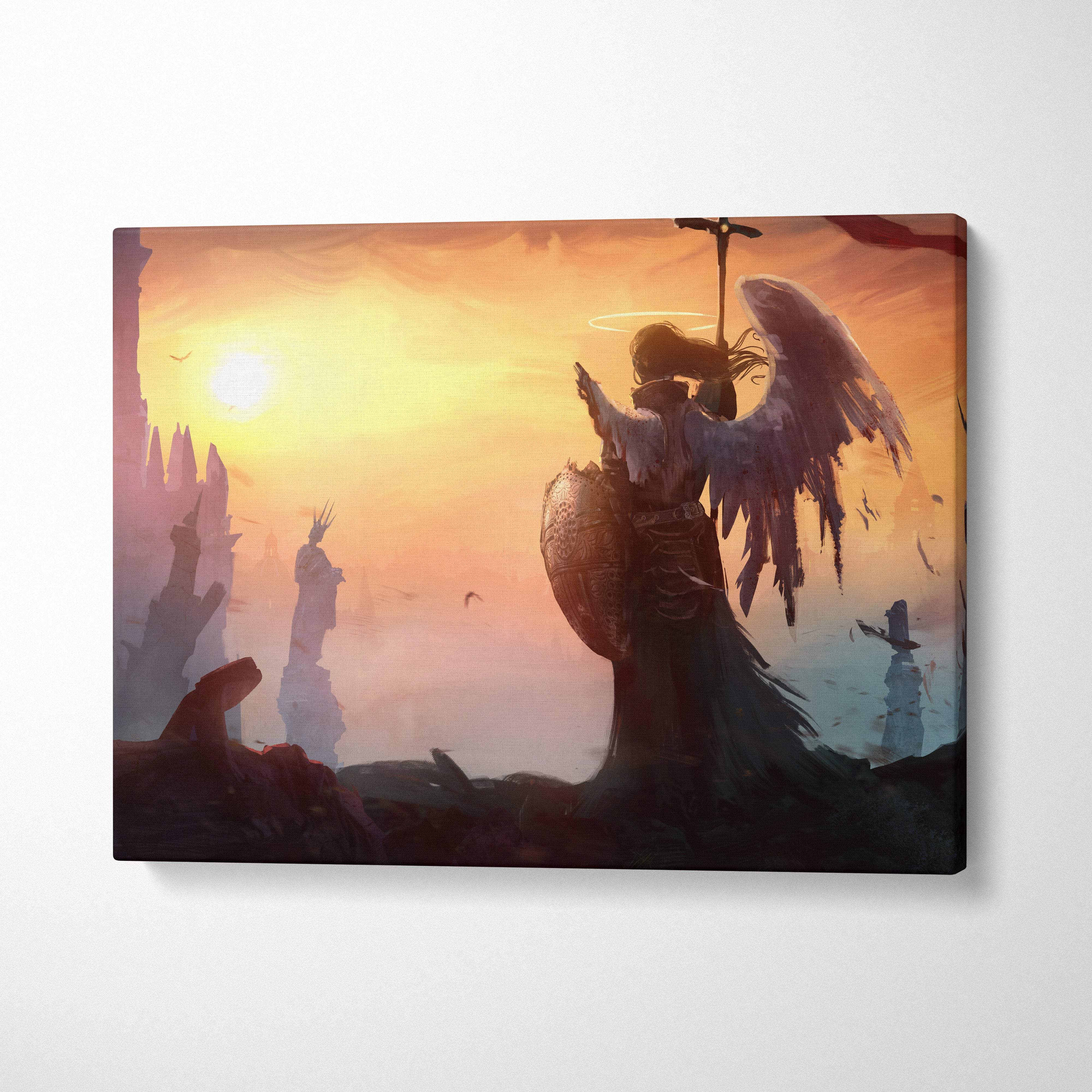 Canvas print of a winged warrior silhouette with shield and spear against an orange sunrise for wall decor