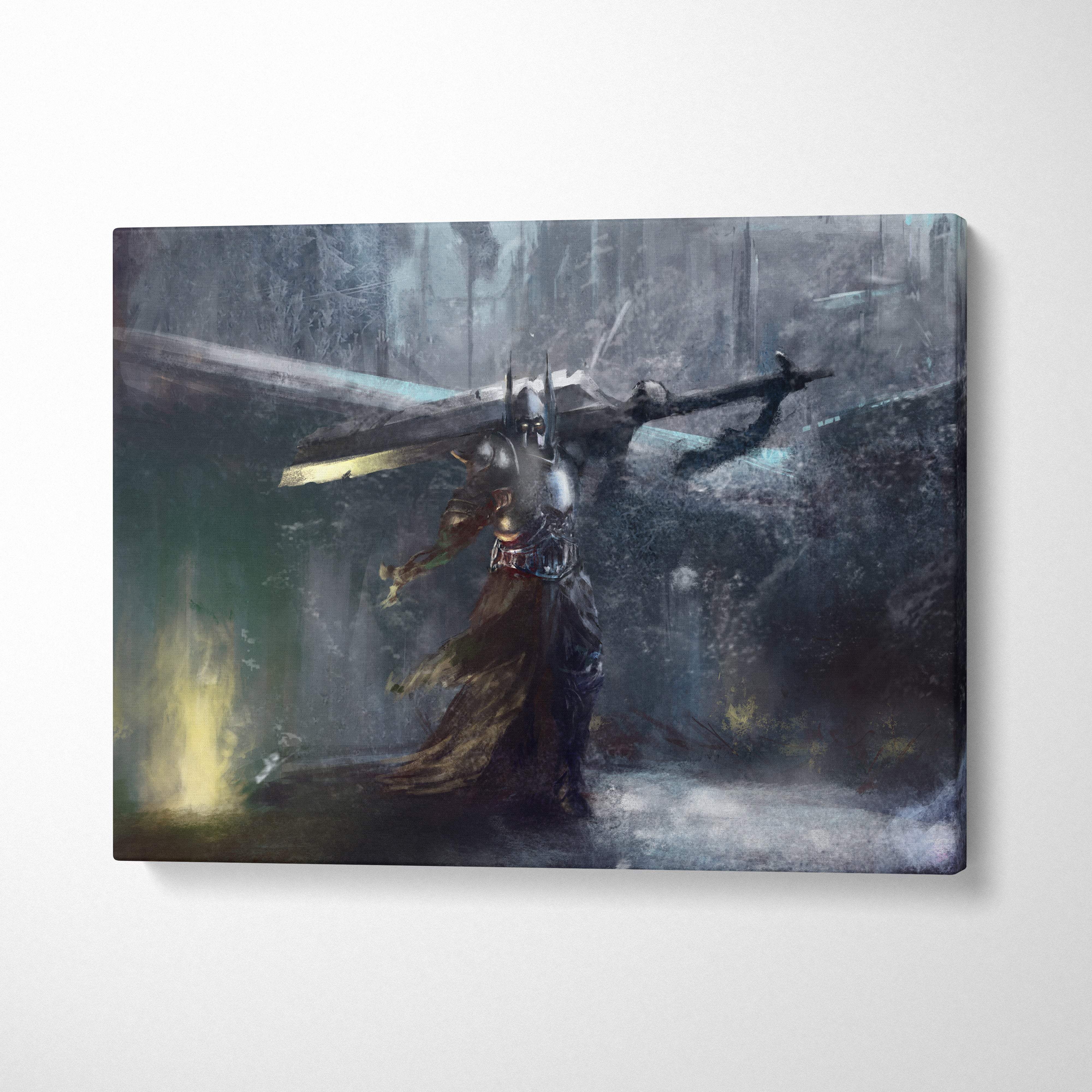 Dark knight fantasy canvas print of a blue gray armored warrior with a giant sword against a moody gothic backdrop