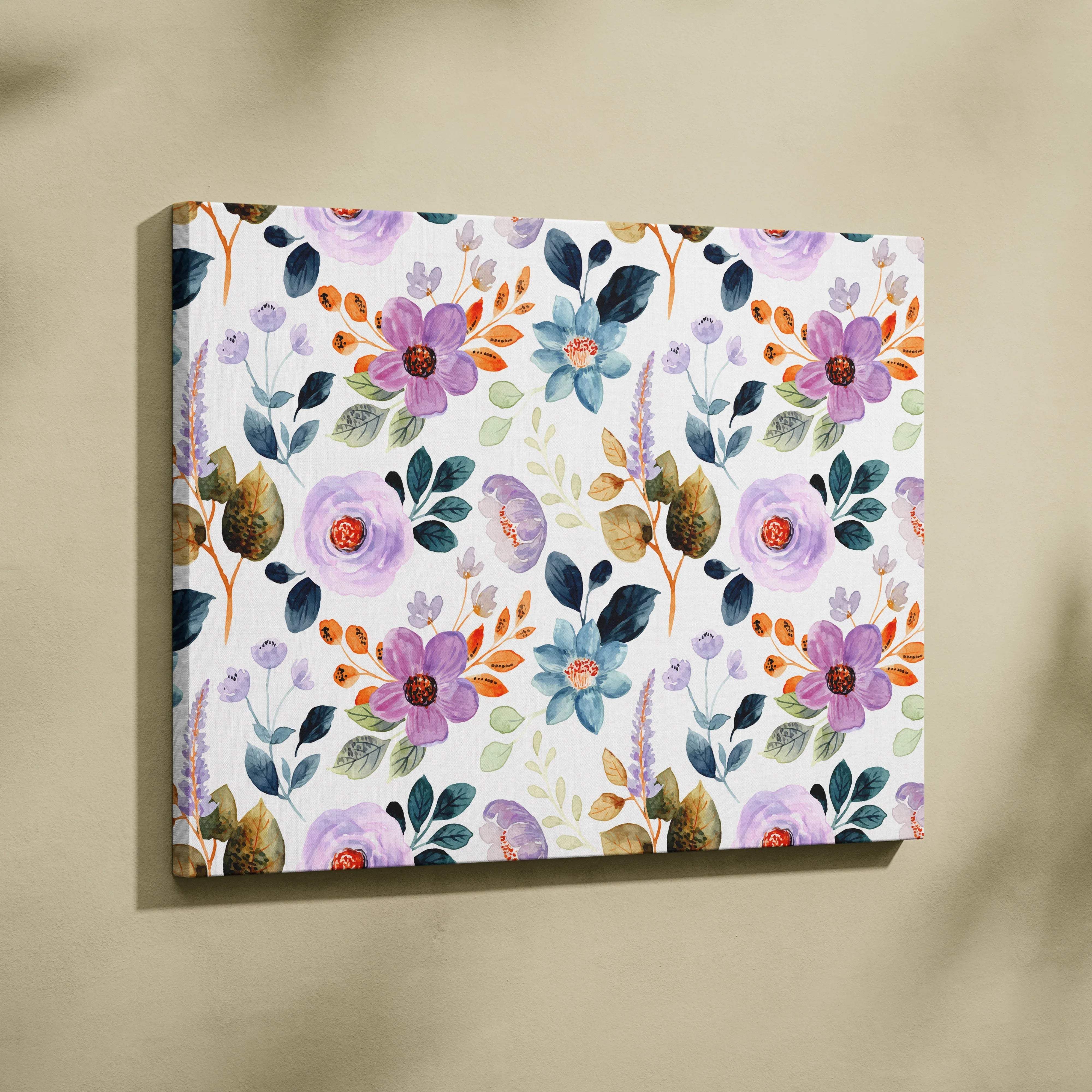 Romantic boho watercolor floral canvas wall art in purple blue orange