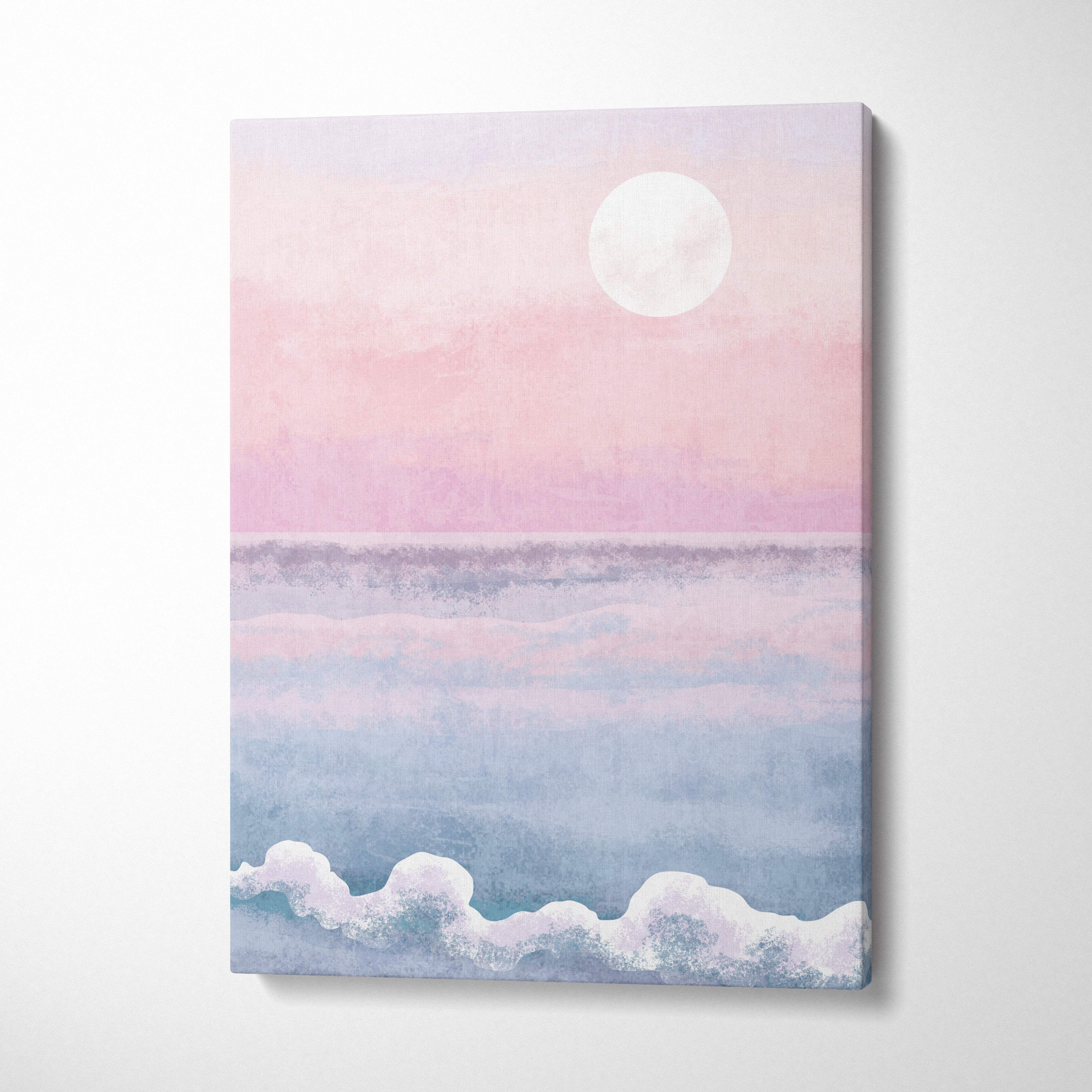 Boho pastel ocean sunset canvas art featuring a pink and blue watercolor moon over ocean waves wall decor