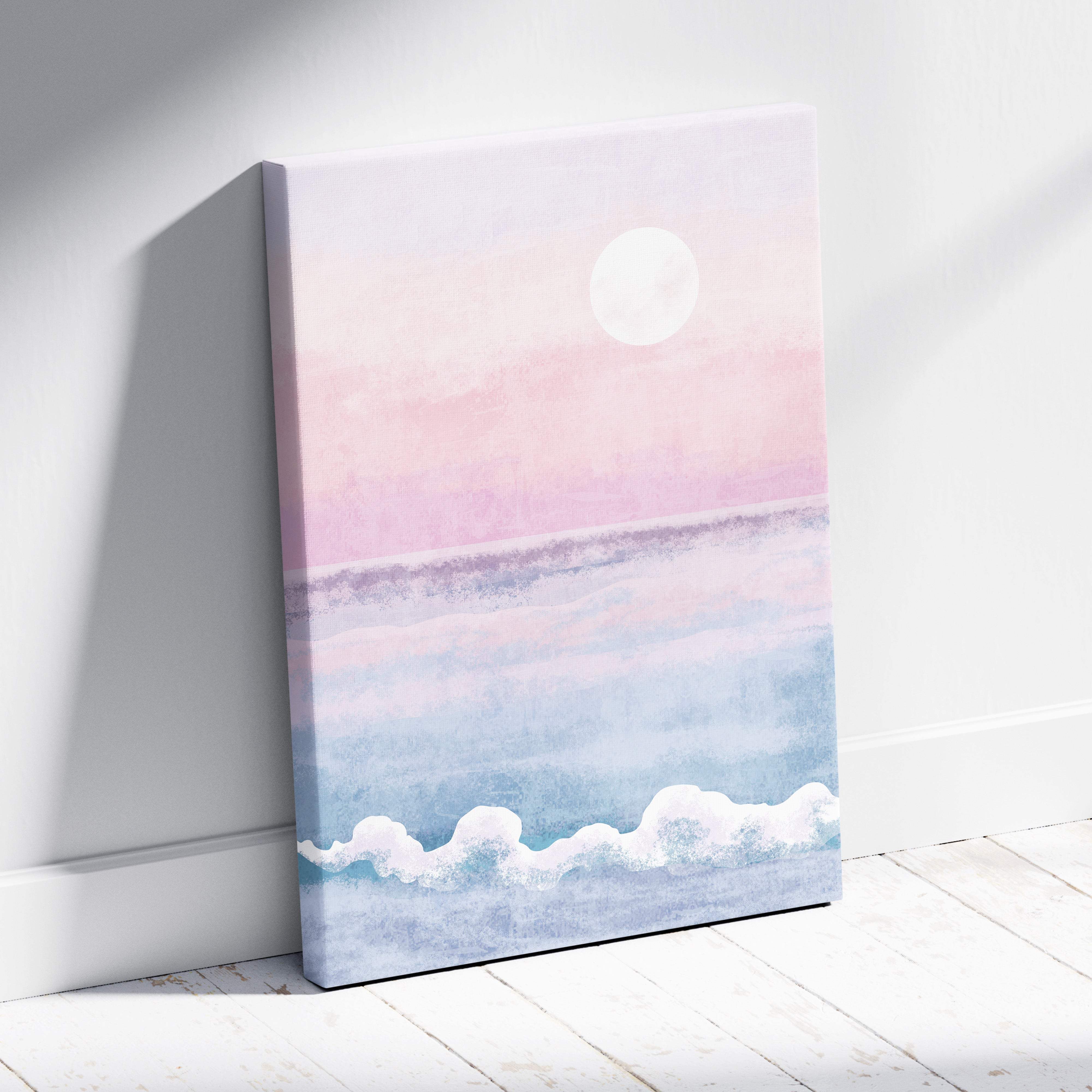 Boho pastel ocean sunset canvas art with pink and blue watercolor sky and white waves coastal beach decor print