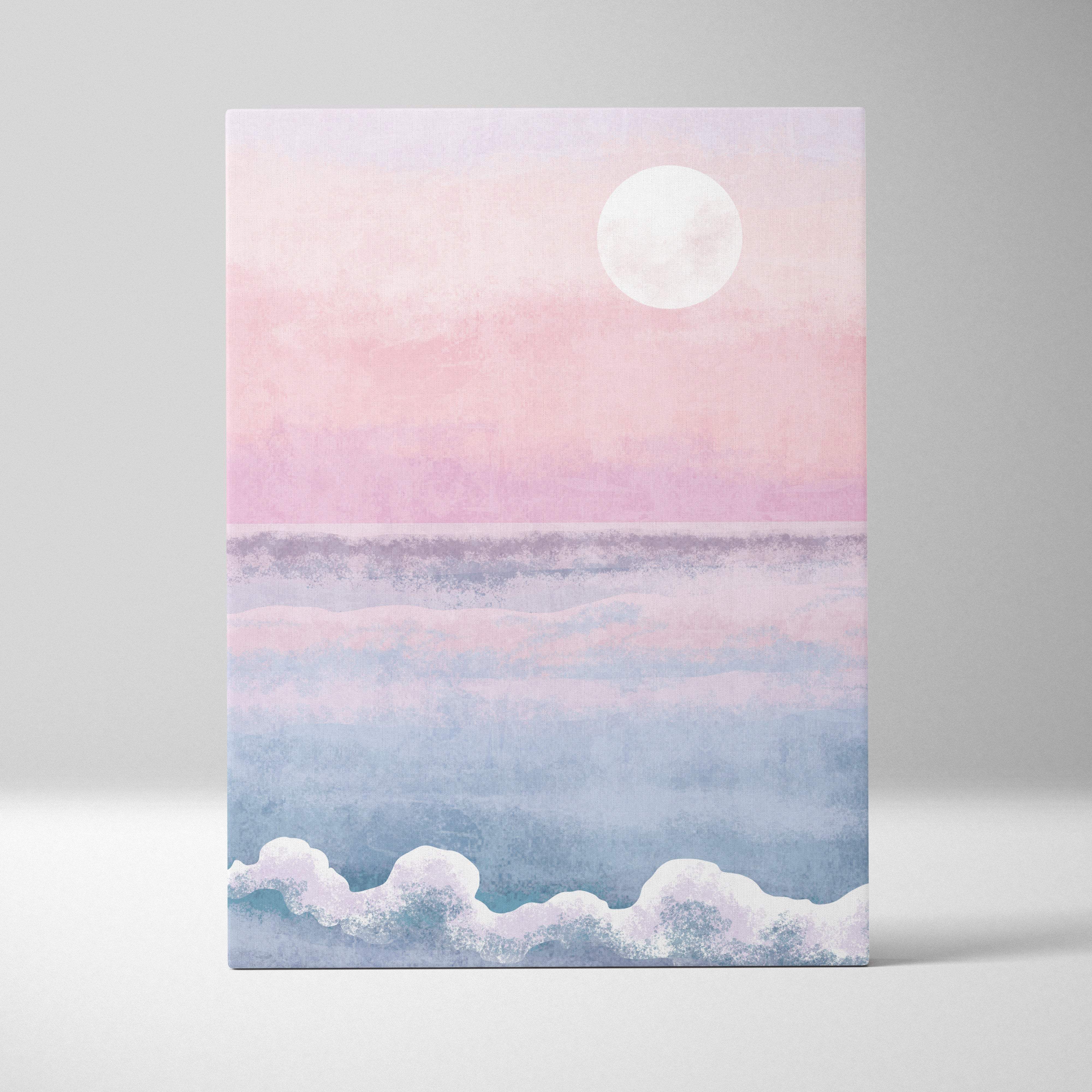 Pastel pink and blue watercolor canvas painting of a moonlit ocean scene for boho coastal seascape decor