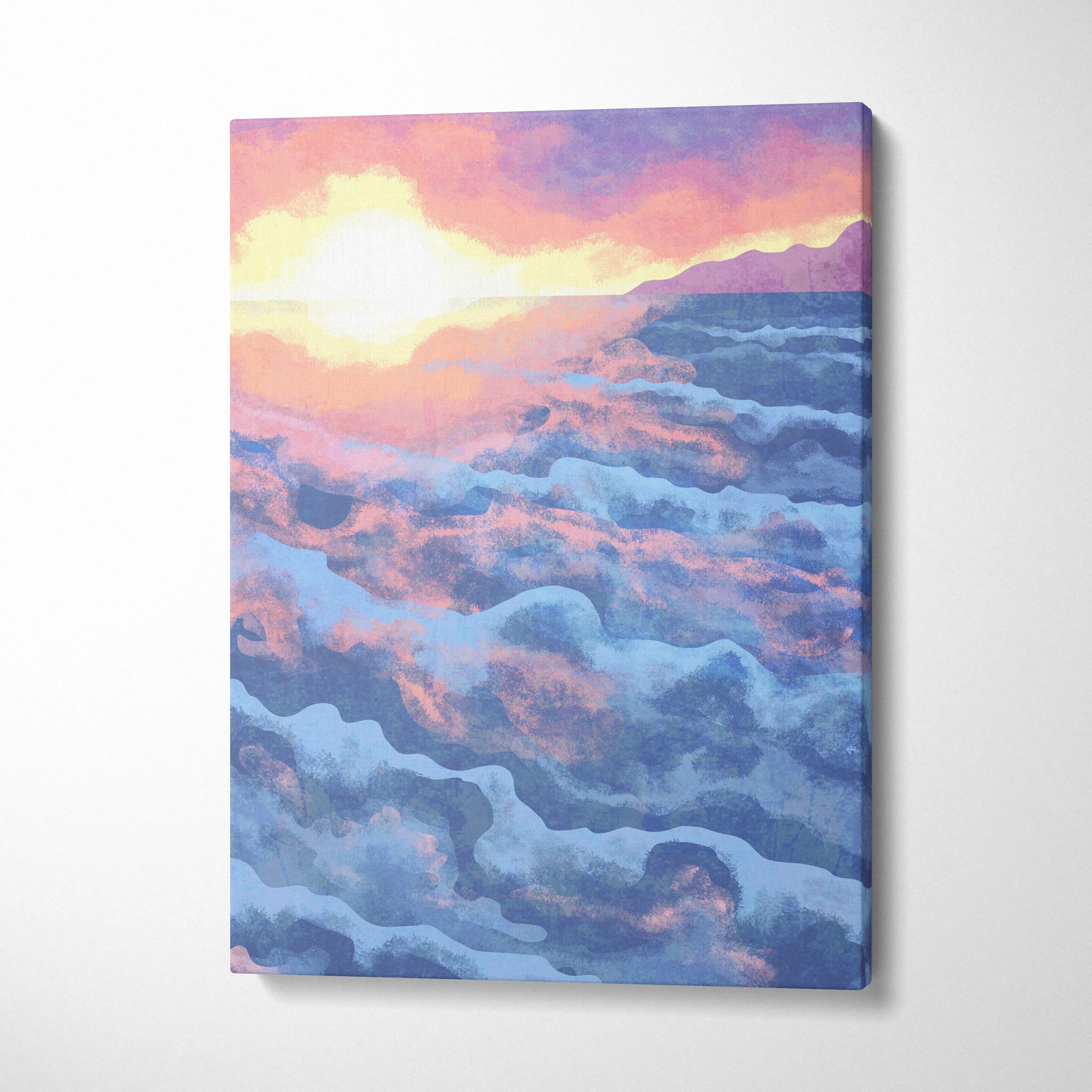 Dreamy ocean sunset canvas art in pastel pink, lavender, soft blue, golden yellow